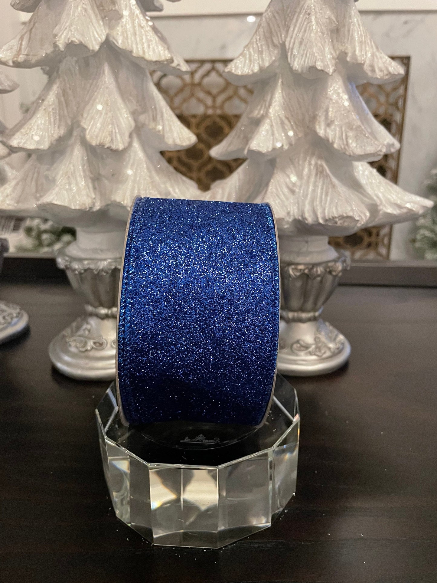 Designer diamond dust royal blue ribbon. 2.5” x 10 yards. Wired.*