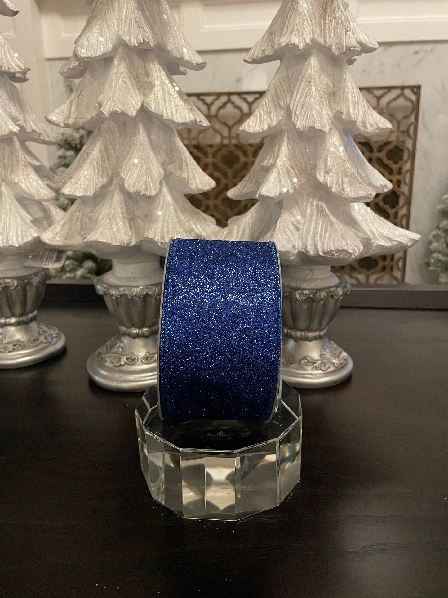 Designer diamond dust royal blue ribbon. 2.5” x 10 yards. Wired.*