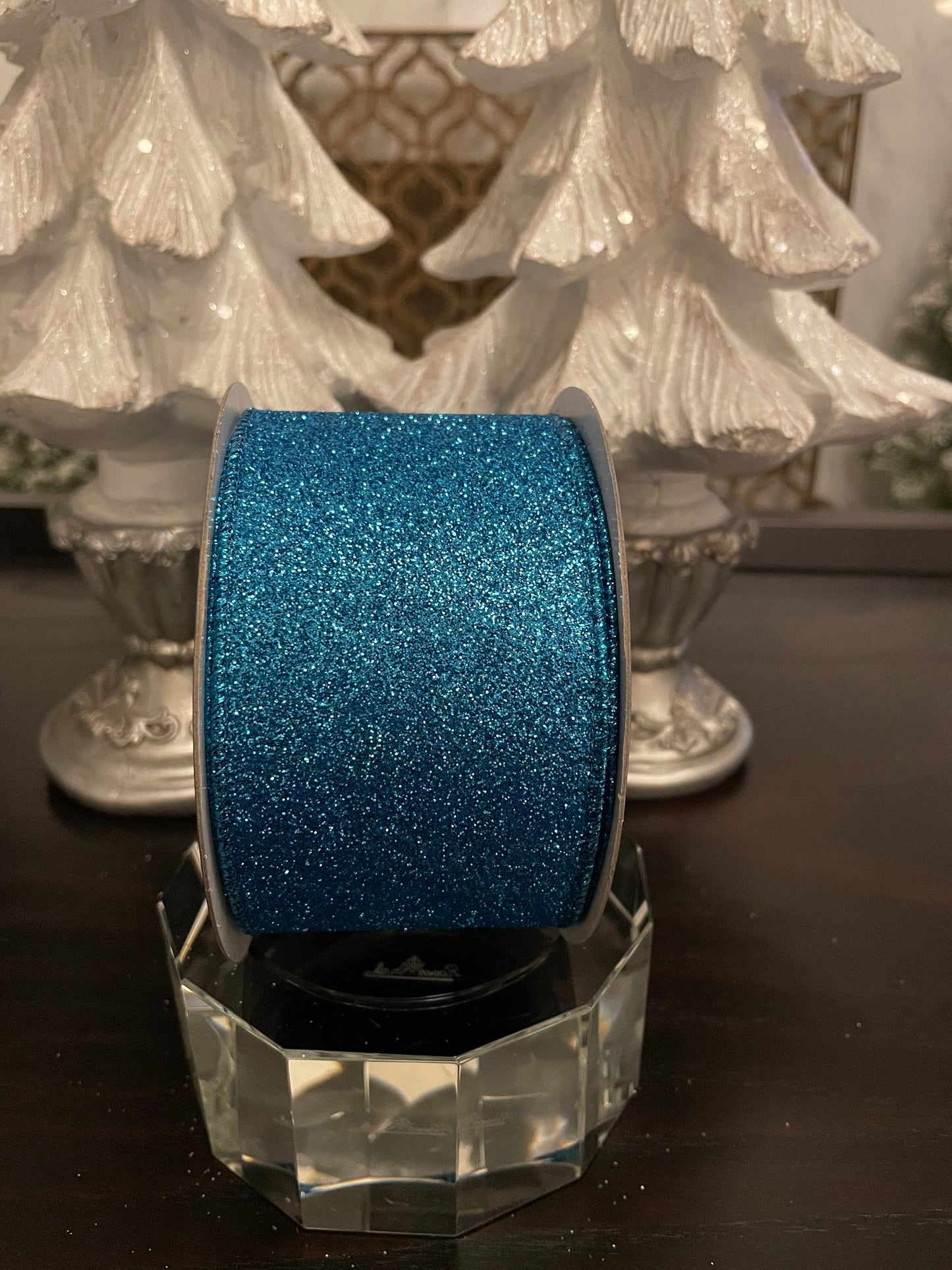 Designer diamond dust turquoise ribbon. 2.5” x 10 yards. Wired.*