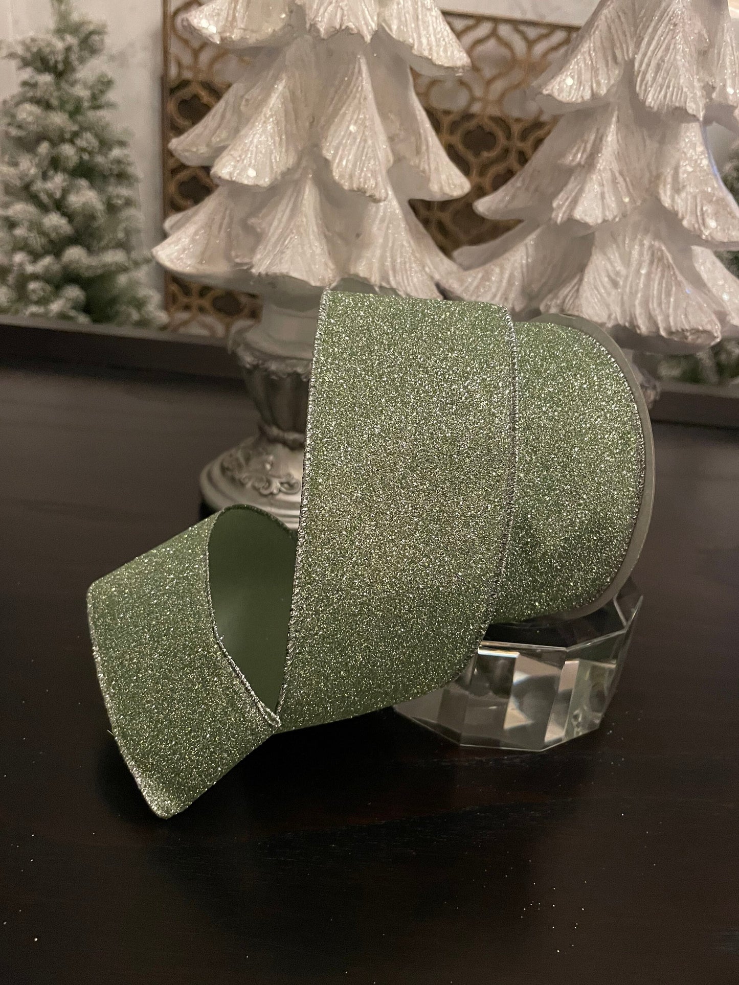 Designer diamond dust mint green ribbon. 2.5” x 10 yards. Wired.*