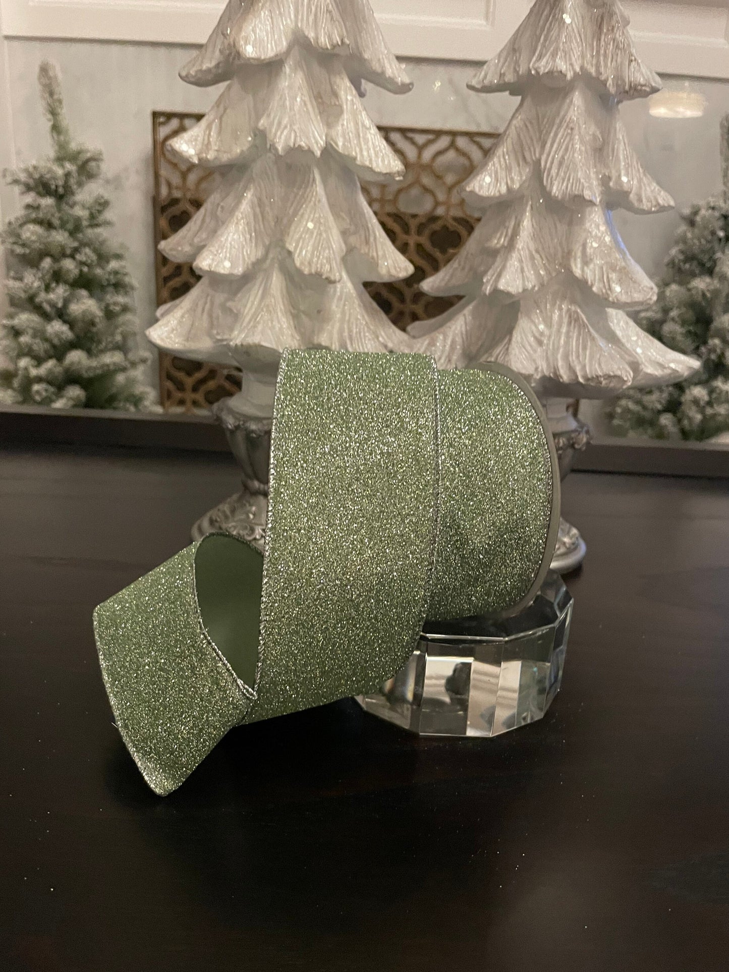 Designer diamond dust mint green ribbon. 2.5” x 10 yards. Wired.*