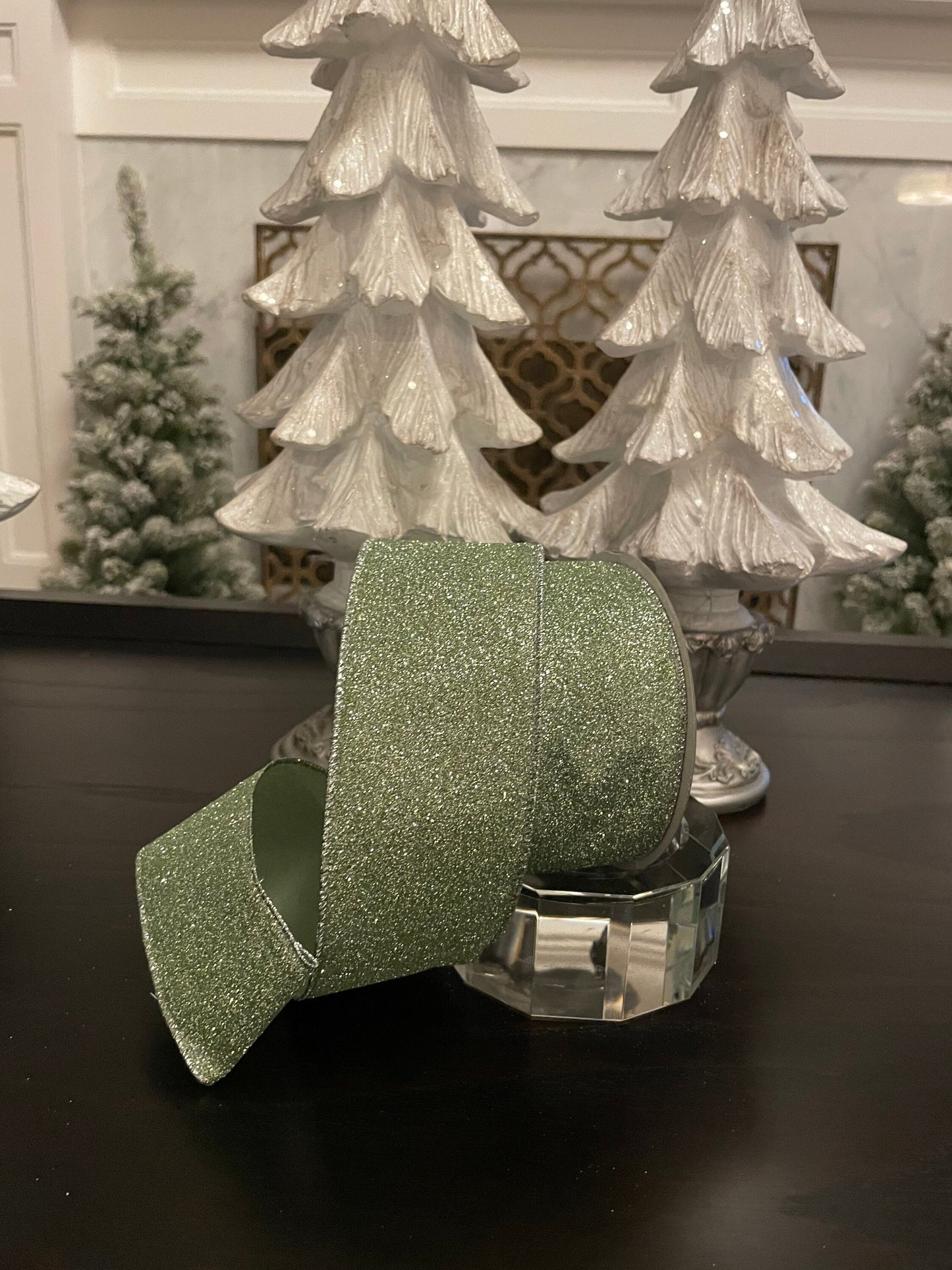 Designer diamond dust mint green ribbon. 2.5” x 10 yards. Wired.*