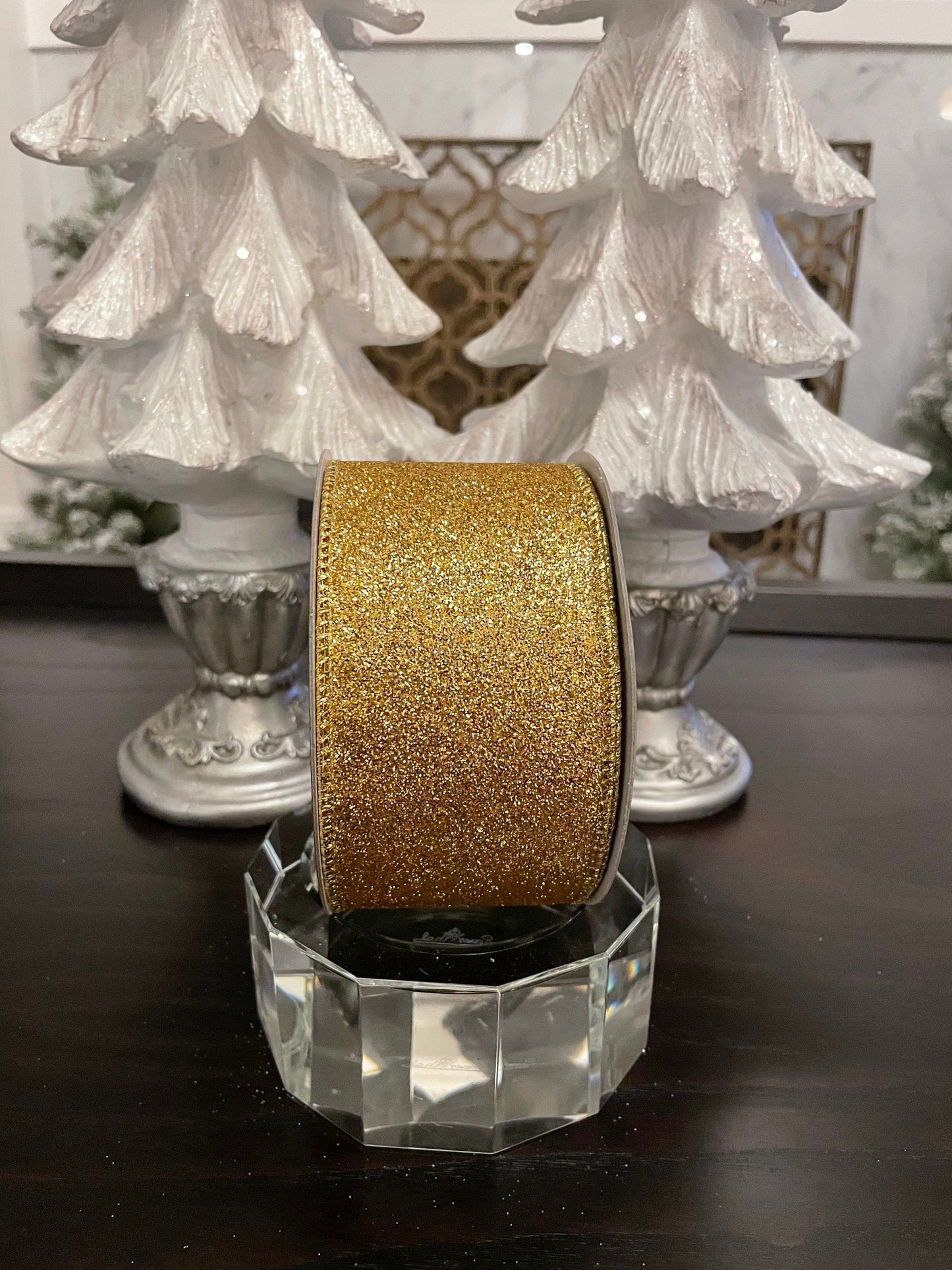 Designer diamond dust gold ribbon. 2.5” x 10 yards. Wired.*