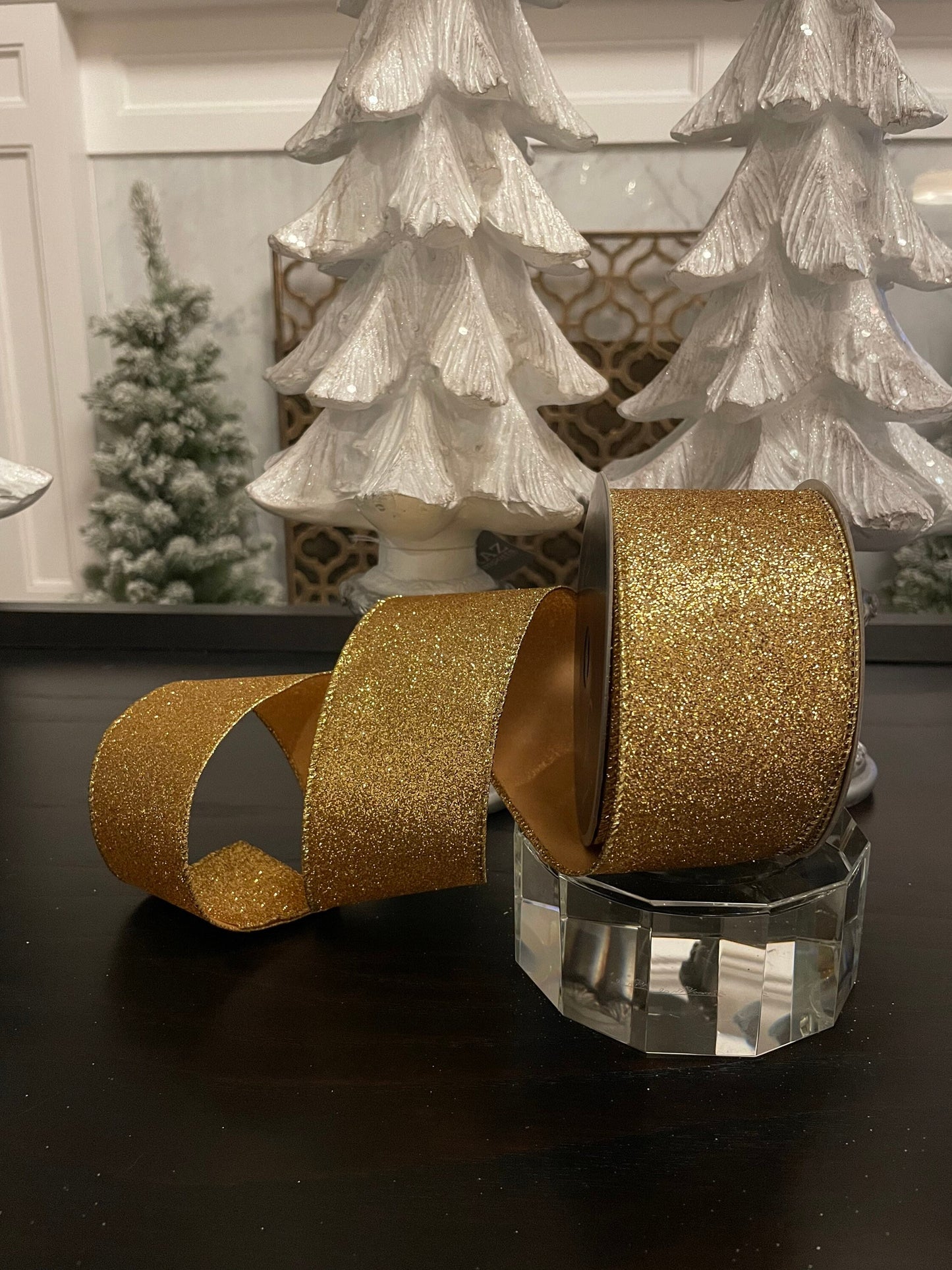 Designer diamond dust gold ribbon. 2.5” x 10 yards. Wired.*