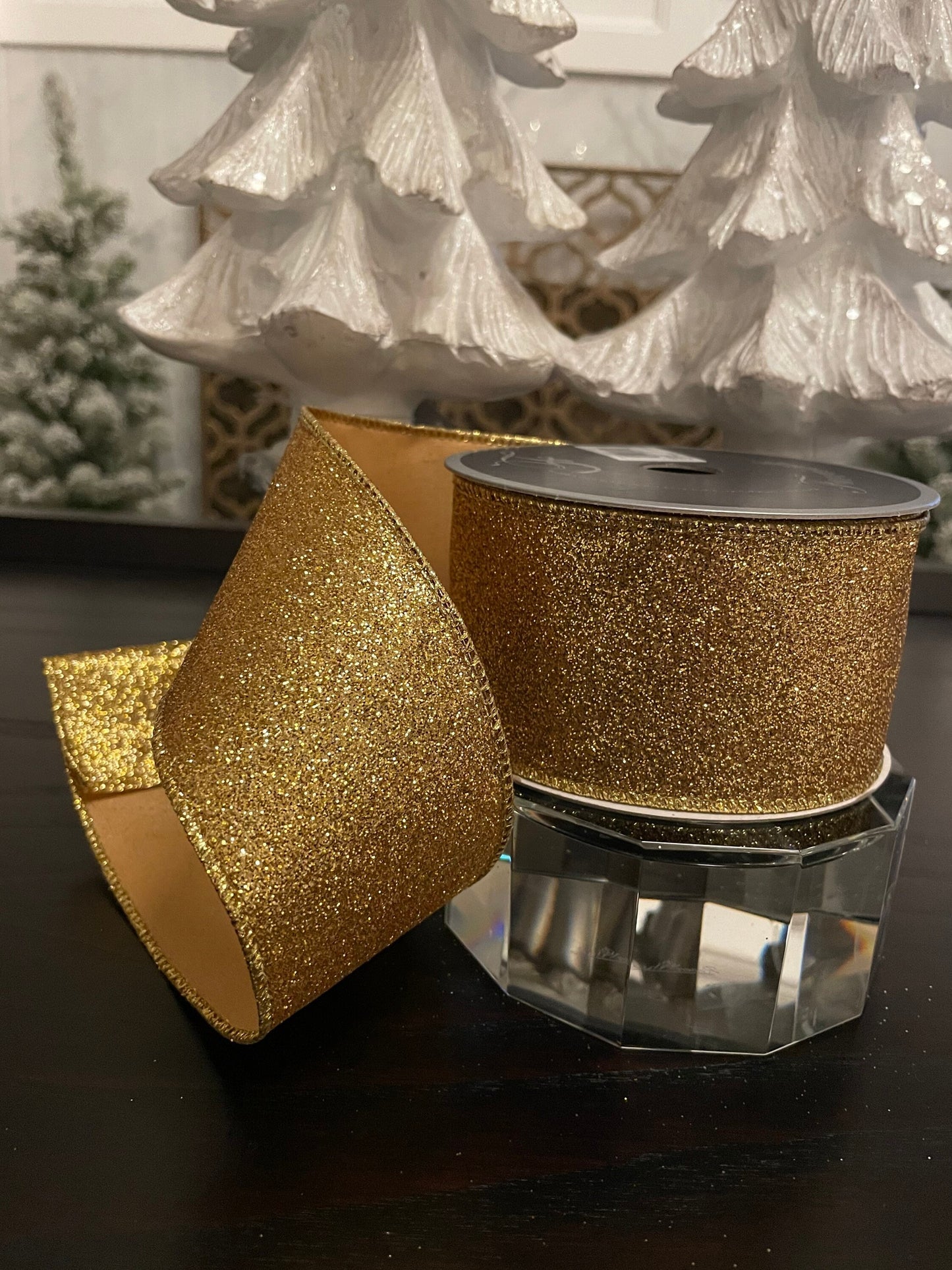 Designer diamond dust gold ribbon. 2.5” x 10 yards. Wired.*