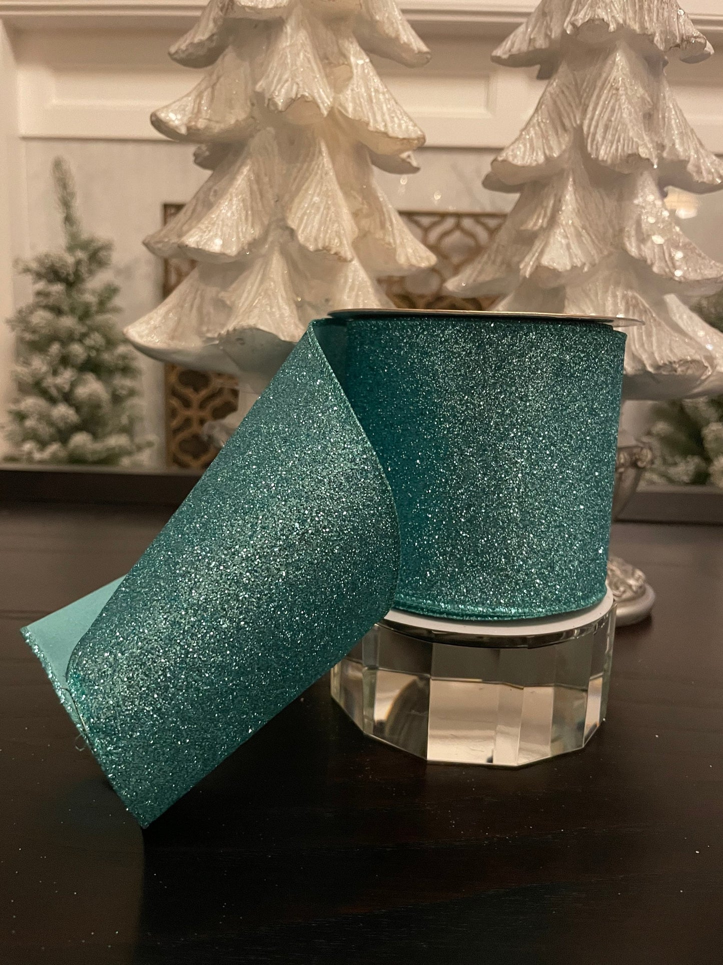 Designer diamond dust dusty blue ribbon. 4”x 10 yards. Wired.*