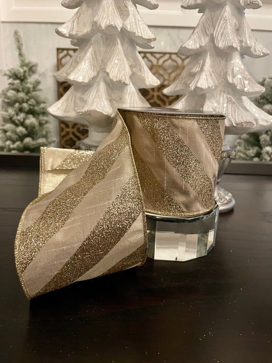 Designer metallic dupion candy platinum ribbon. 4”x 10 yards. Wired. Farrisilk.*
