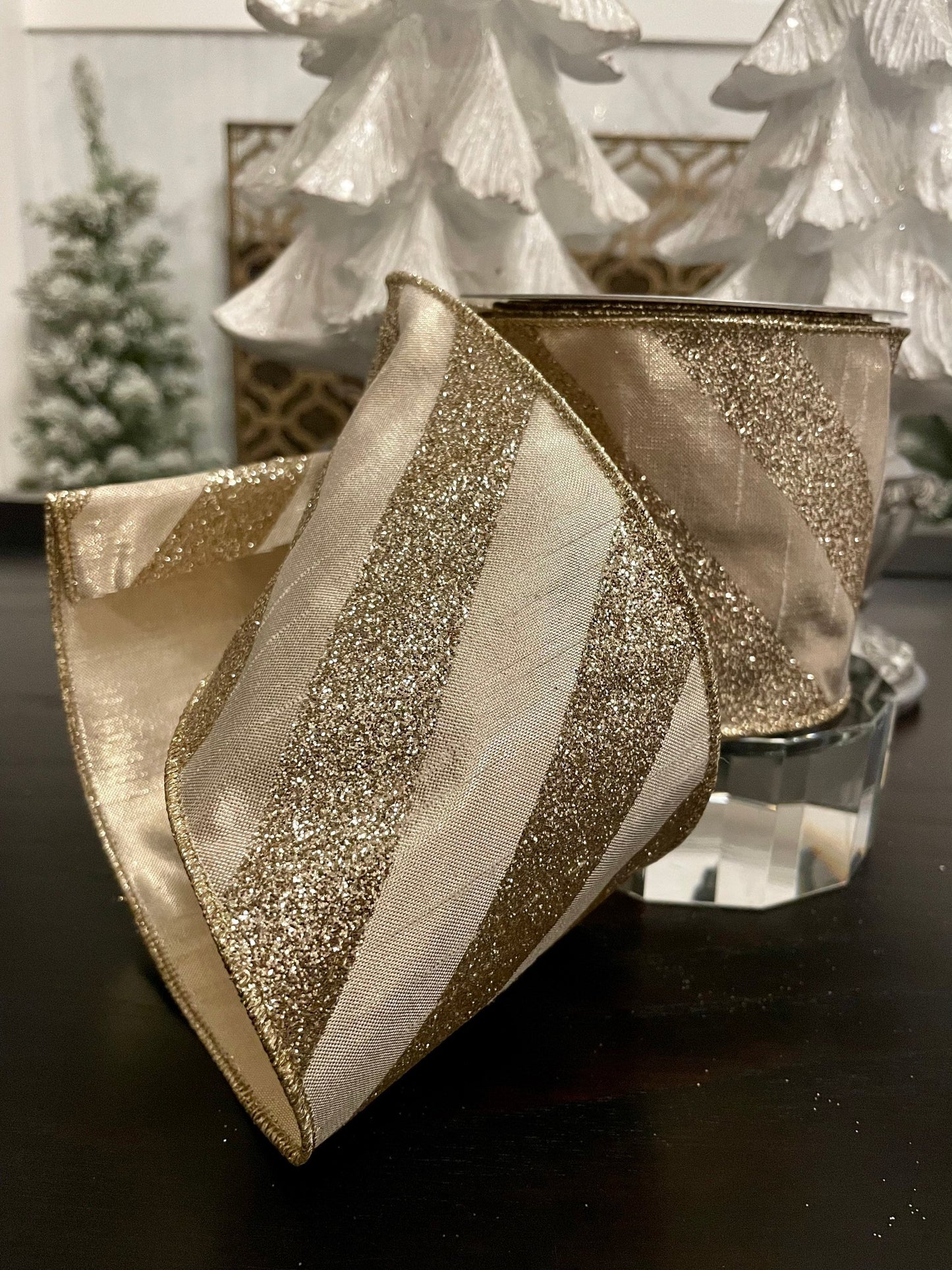 Designer metallic dupion candy platinum ribbon. 4”x 10 yards. Wired. Farrisilk.*