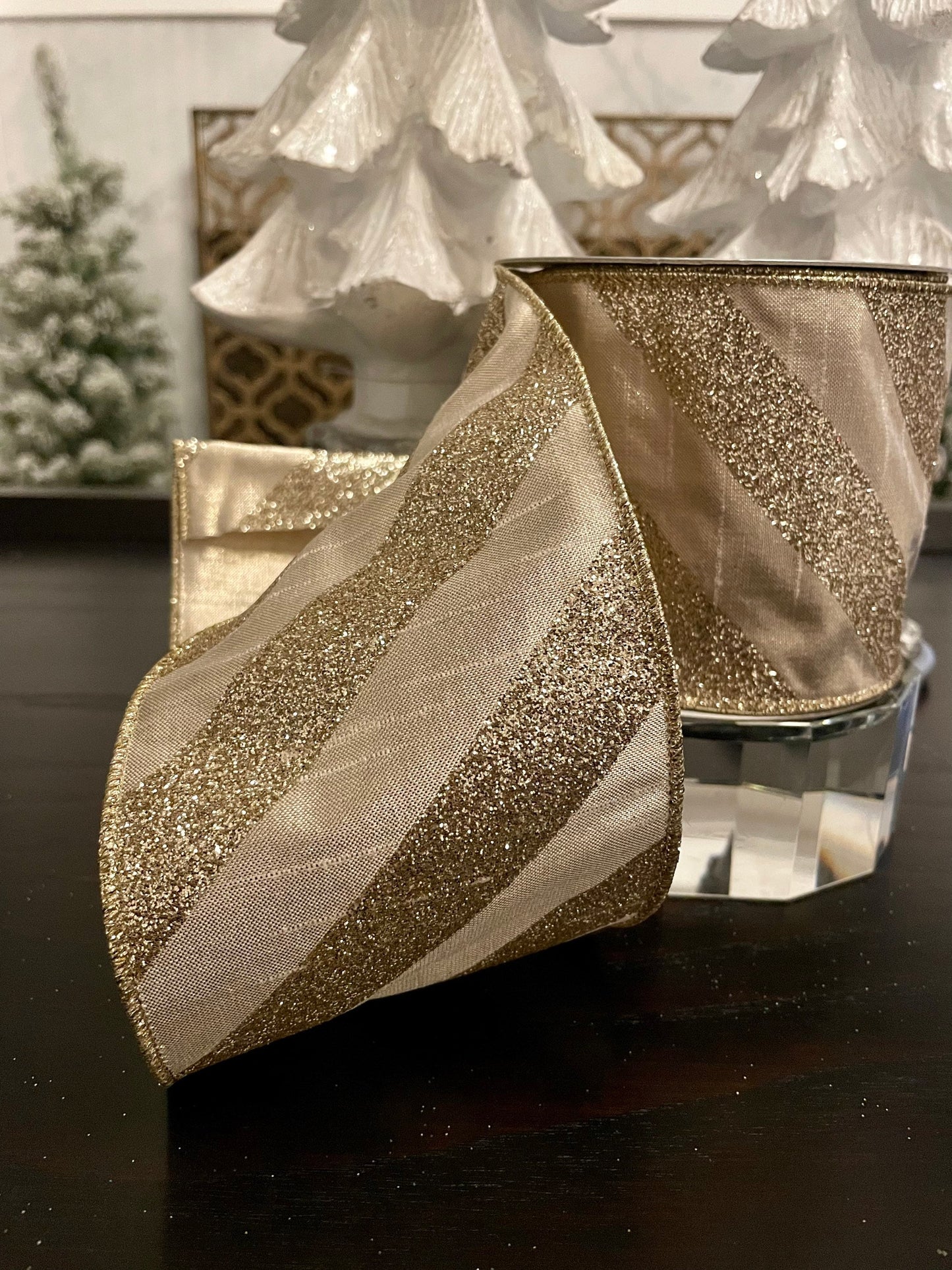 Designer metallic dupion candy platinum ribbon. 4”x 10 yards. Wired. Farrisilk.*