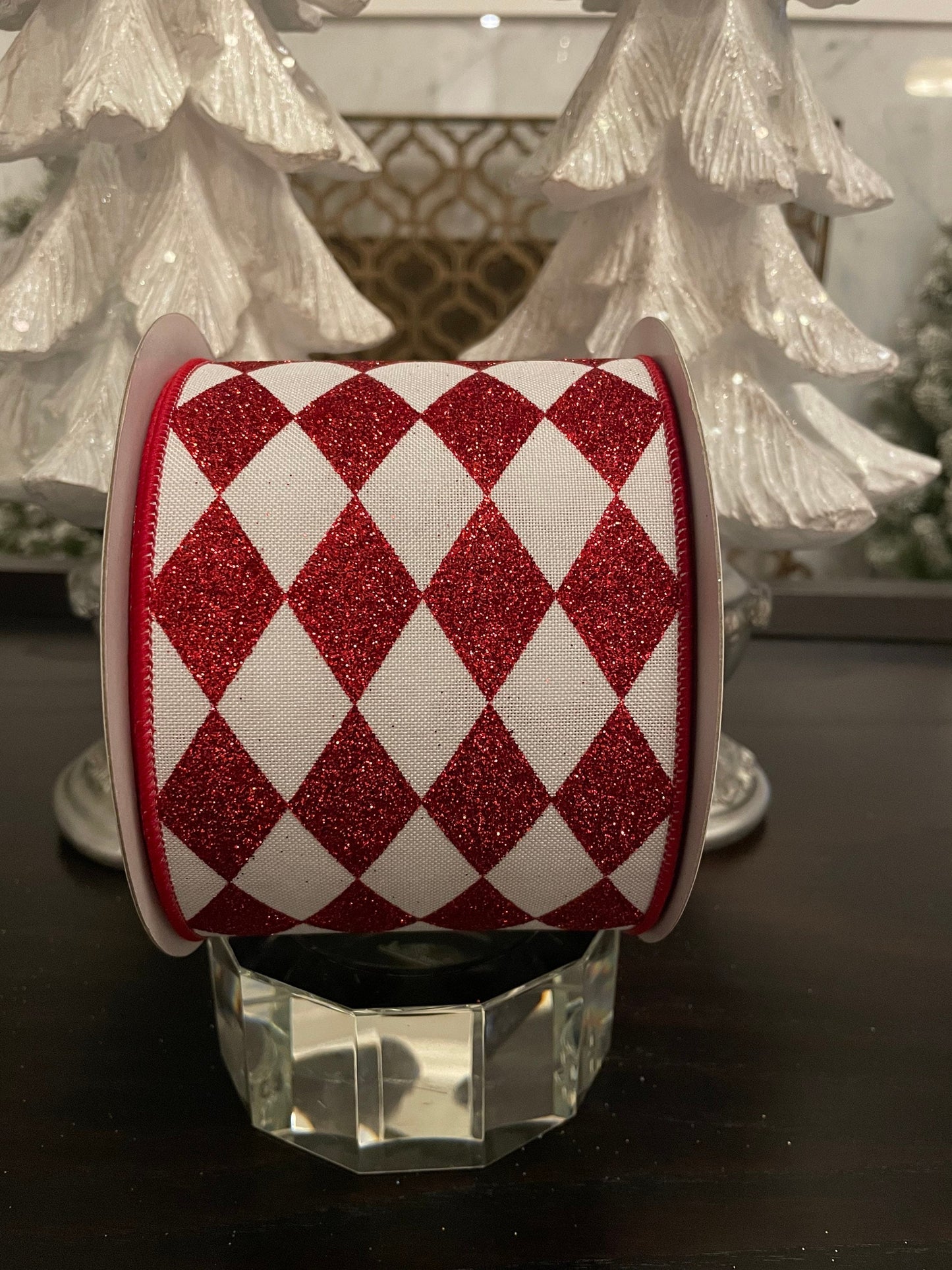 Glitter jester diamonds ribbon. Red and white 4”x 10 yards. Wired.*