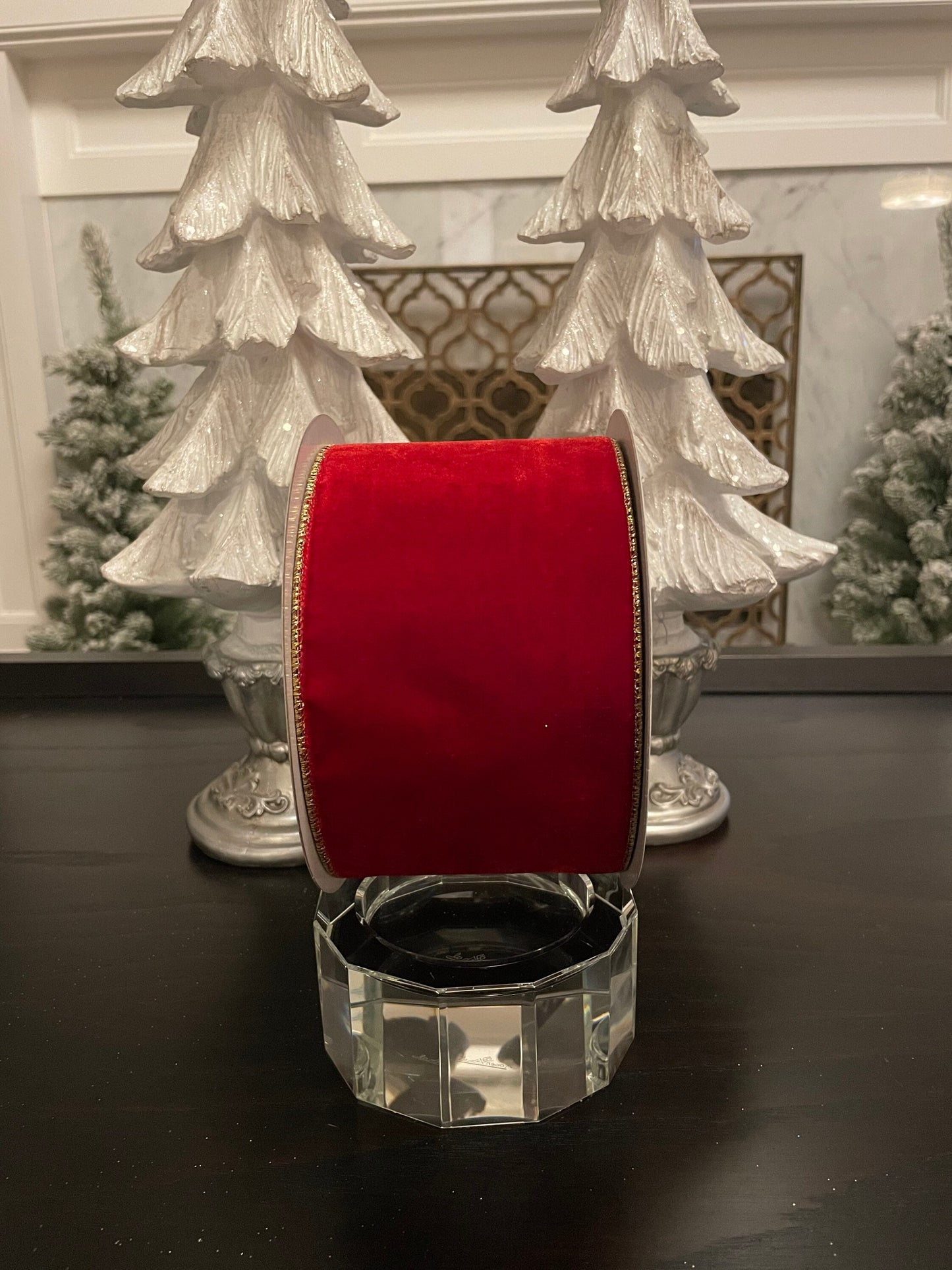 Designer velvet glitter ribbon. Red and gold. 4”x 10 yards. Wired.*