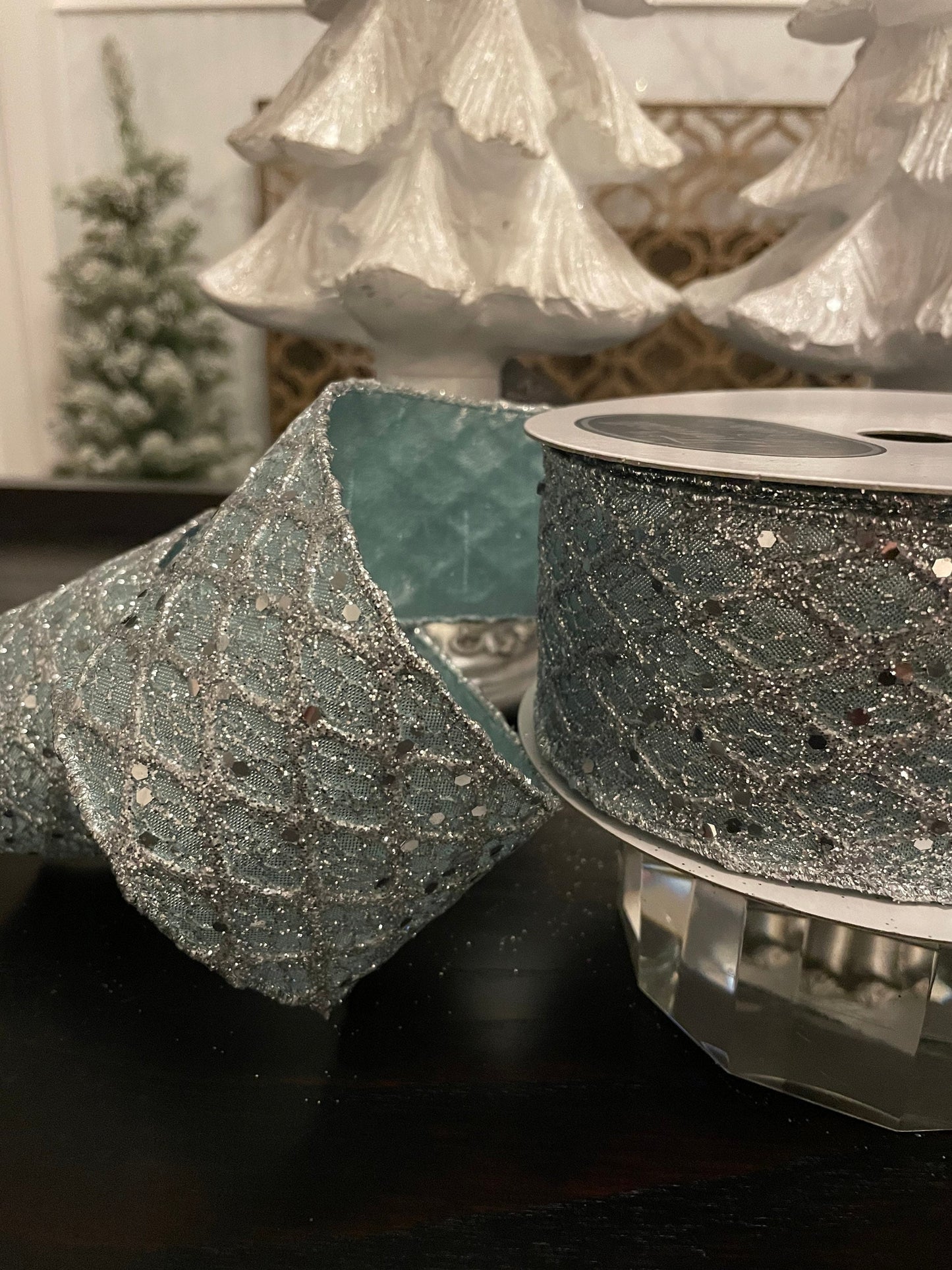 Retro diamonds celadon ribbon. 2.5”x 10 yards. Glittery.Wired.*