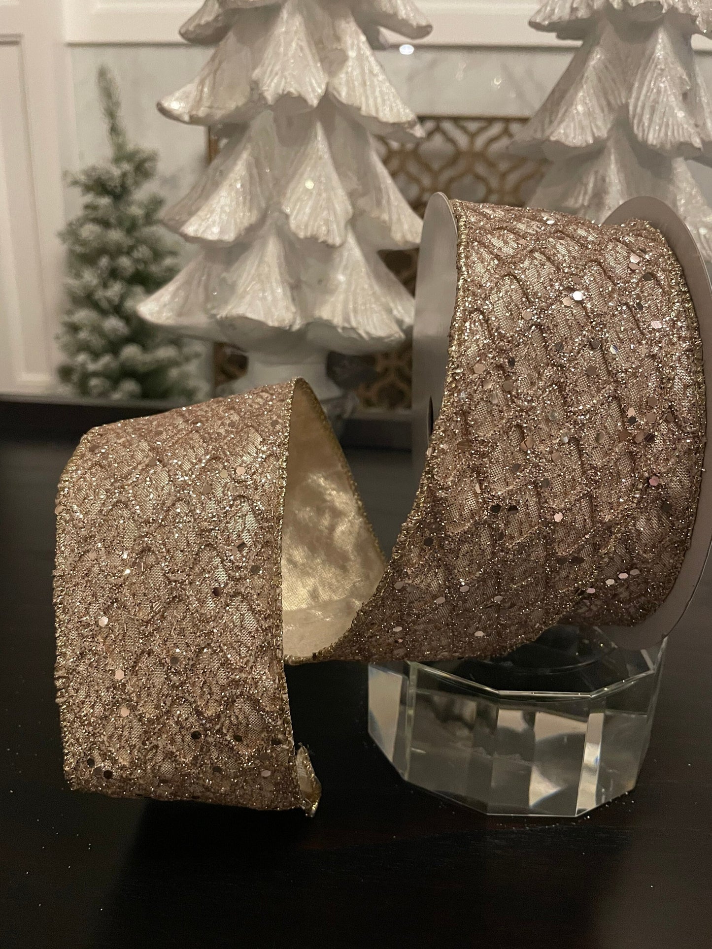 Retro diamonds champagne ribbon. 2.5”x 10 yards. Glittery.Wired.*