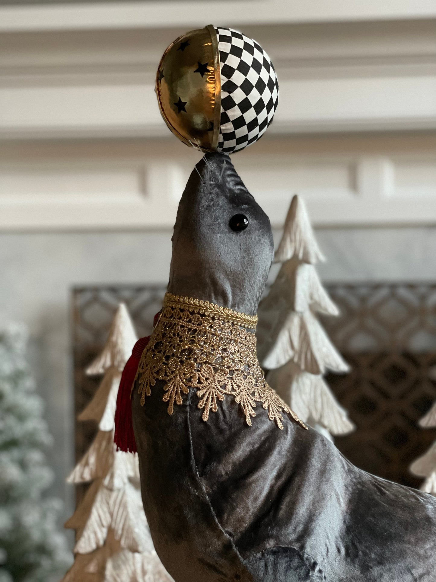 30 inch Circus sea lion ornament. Lace and jewel embellishments. Circus.