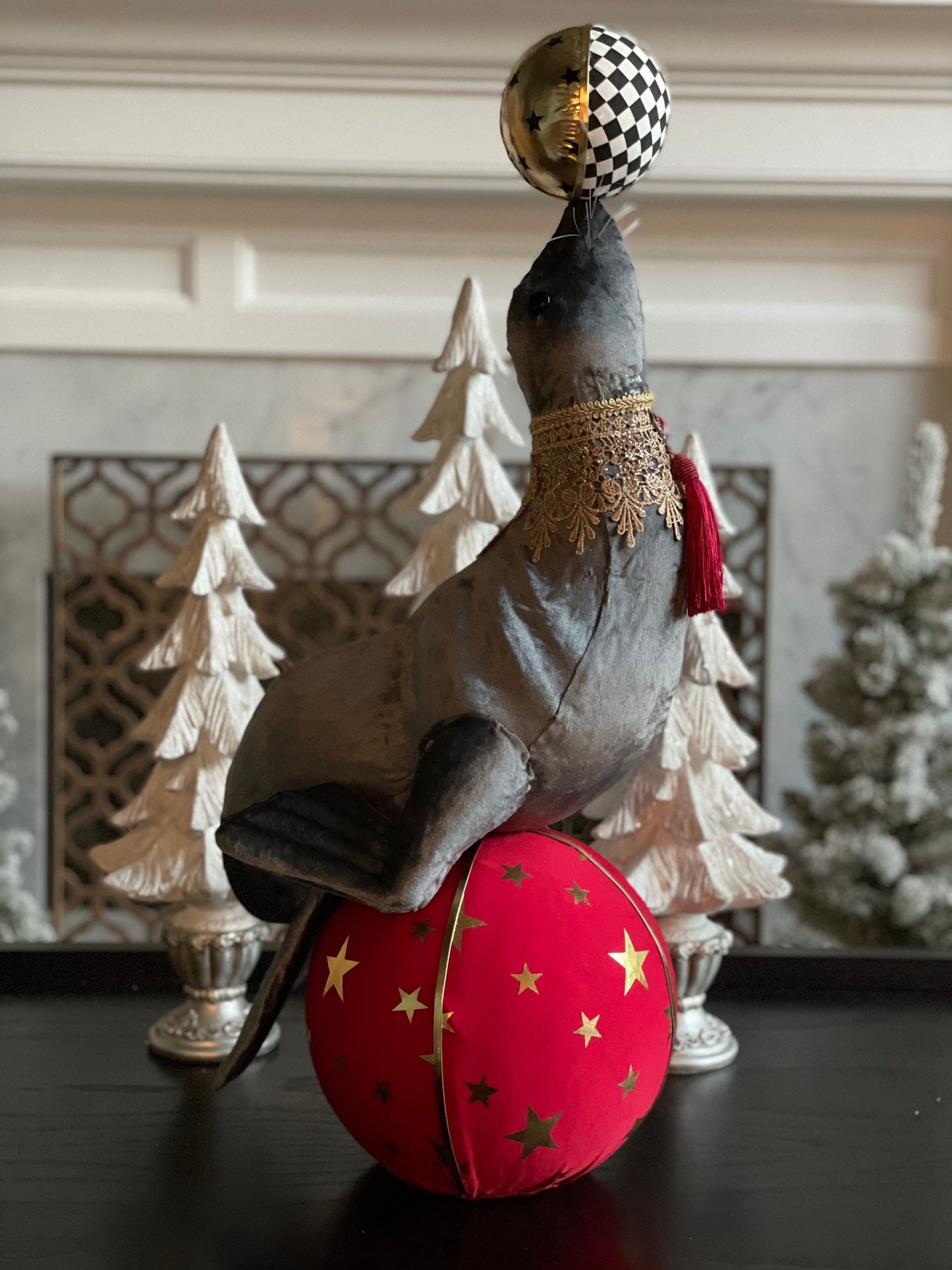 30 inch Circus sea lion ornament. Lace and jewel embellishments. Circus.