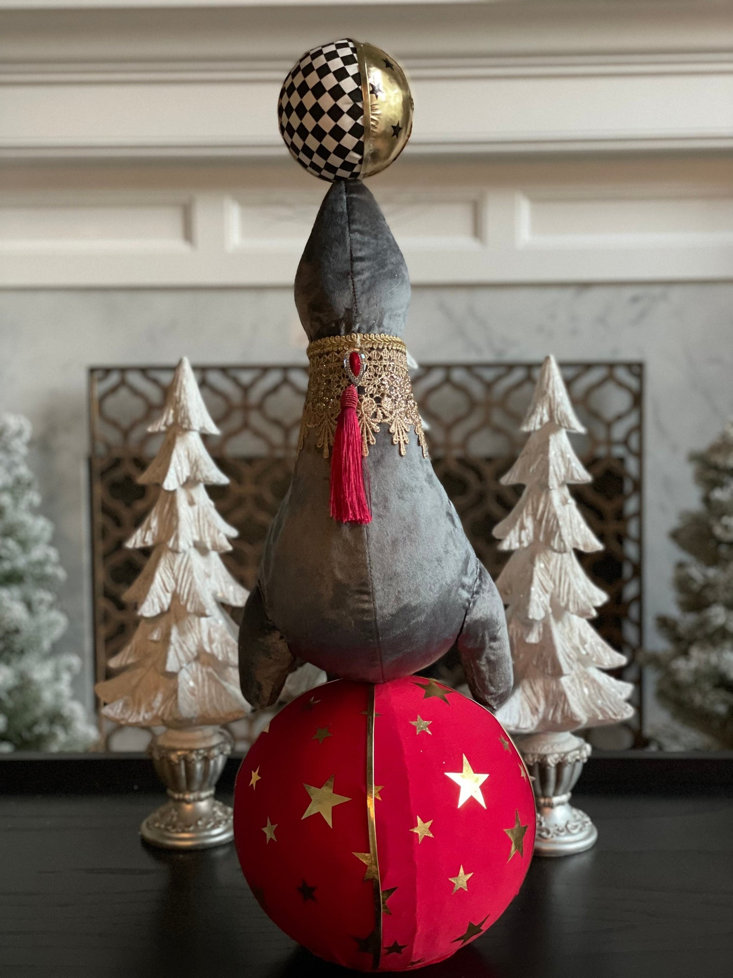 30 inch Circus sea lion ornament. Lace and jewel embellishments. Circus.