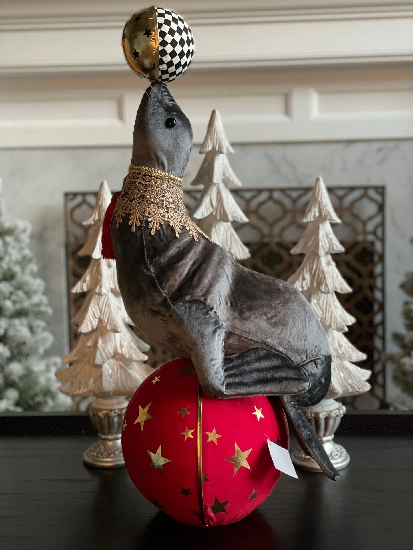 30 inch Circus sea lion ornament. Lace and jewel embellishments. Circus.
