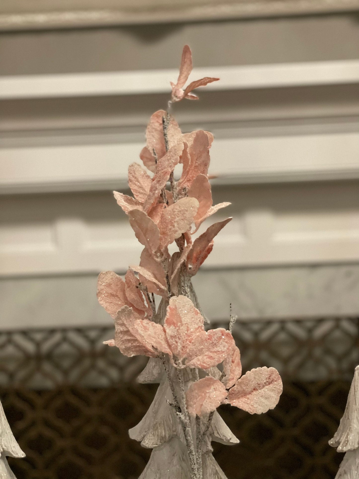 32” pink frosted glitter leaf spray. Set of 3.
