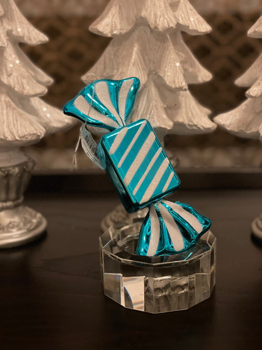 7.5” shiny candy teal/white ornament. Set of 2. Shatterproof. Plastic.