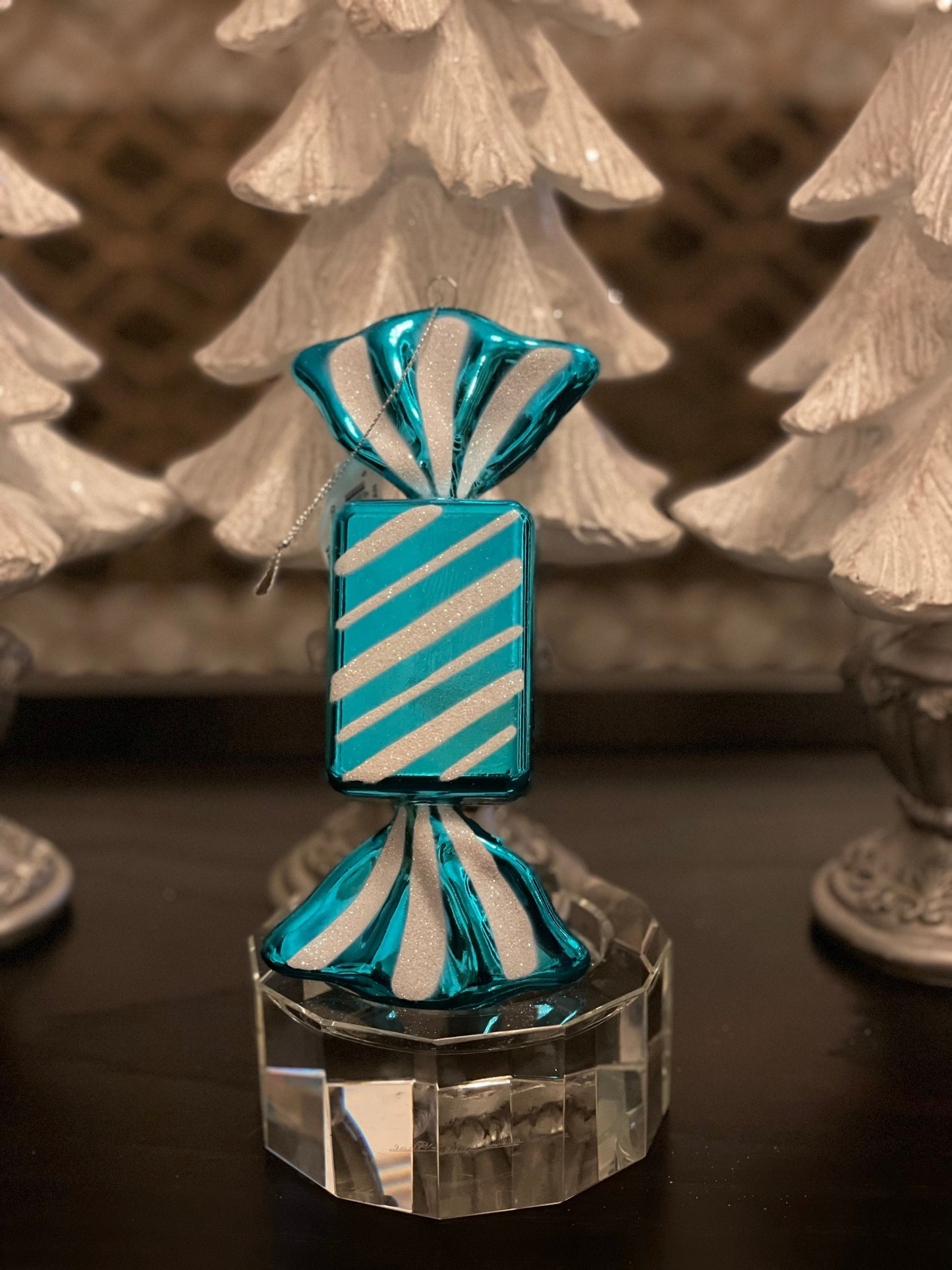 7.5” shiny candy teal/white ornament. Set of 2. Shatterproof. Plastic.