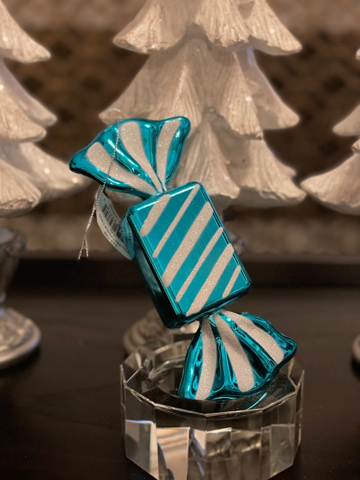 7.5” shiny candy teal/white ornament. Set of 2. Shatterproof. Plastic.