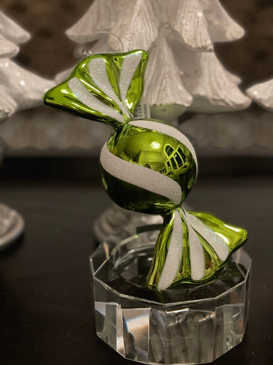 7.5” shiny green/white ornament. Set of 2. Shatterproof. Plastic.*