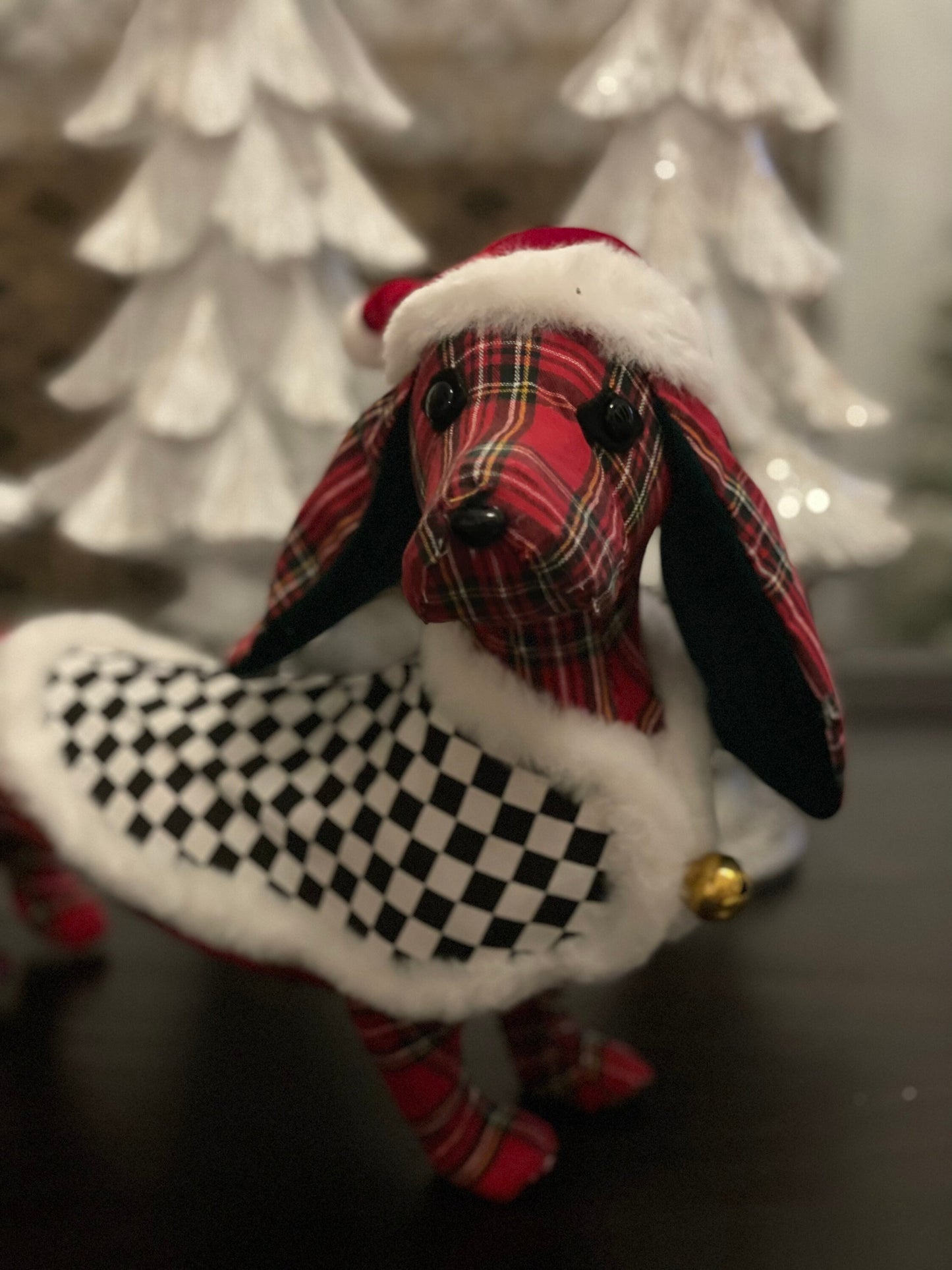 11” x 14” plaid checked dog with Santa hat. Red, green, black and white.