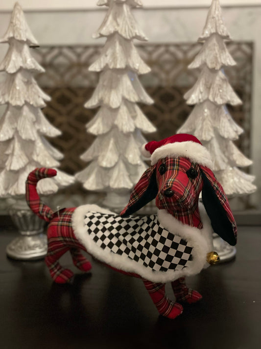 11” x 14” plaid checked dog with Santa hat. Red, green, black and white.