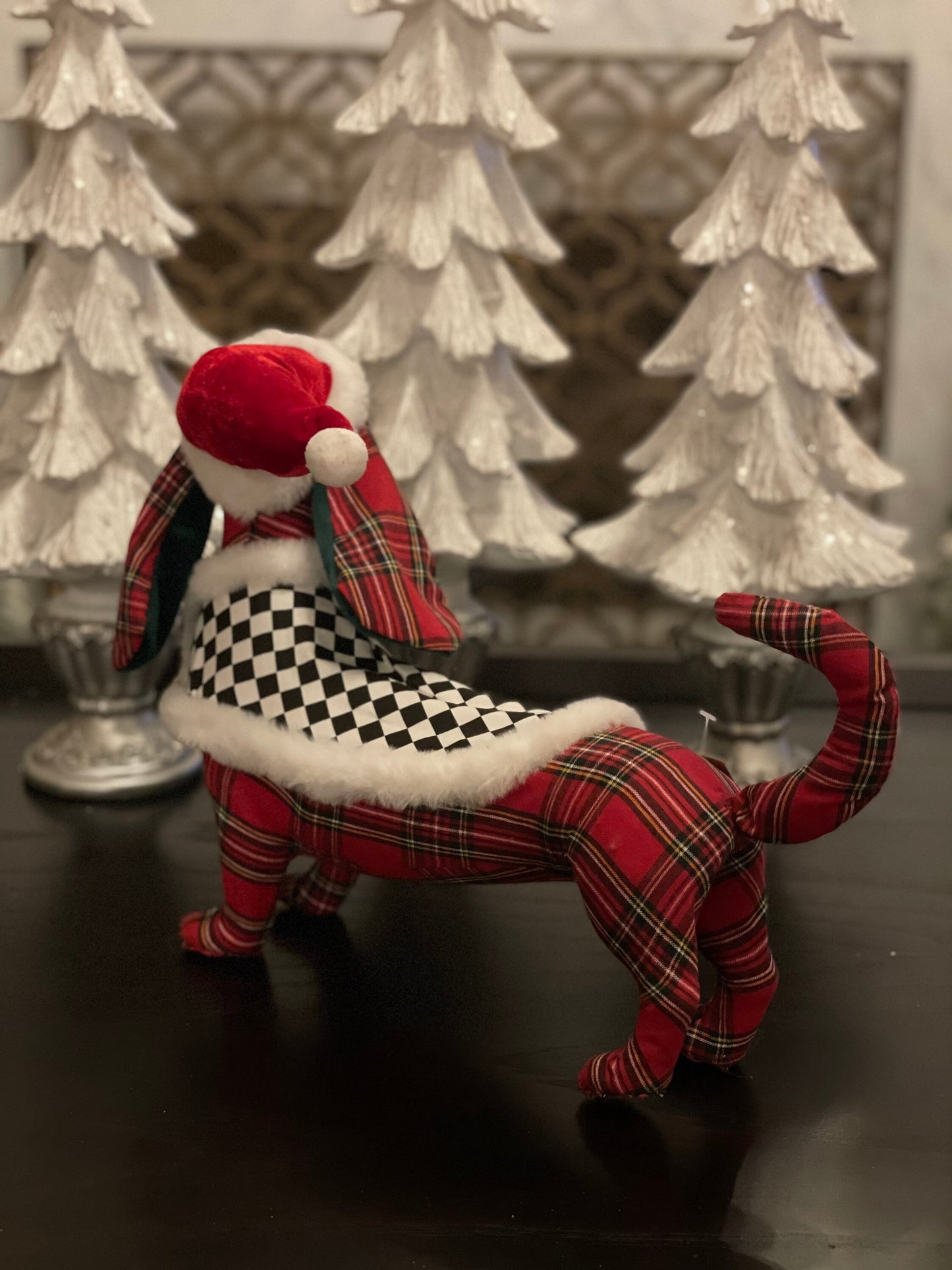 11” x 14” plaid checked dog with Santa hat. Red, green, black and white.
