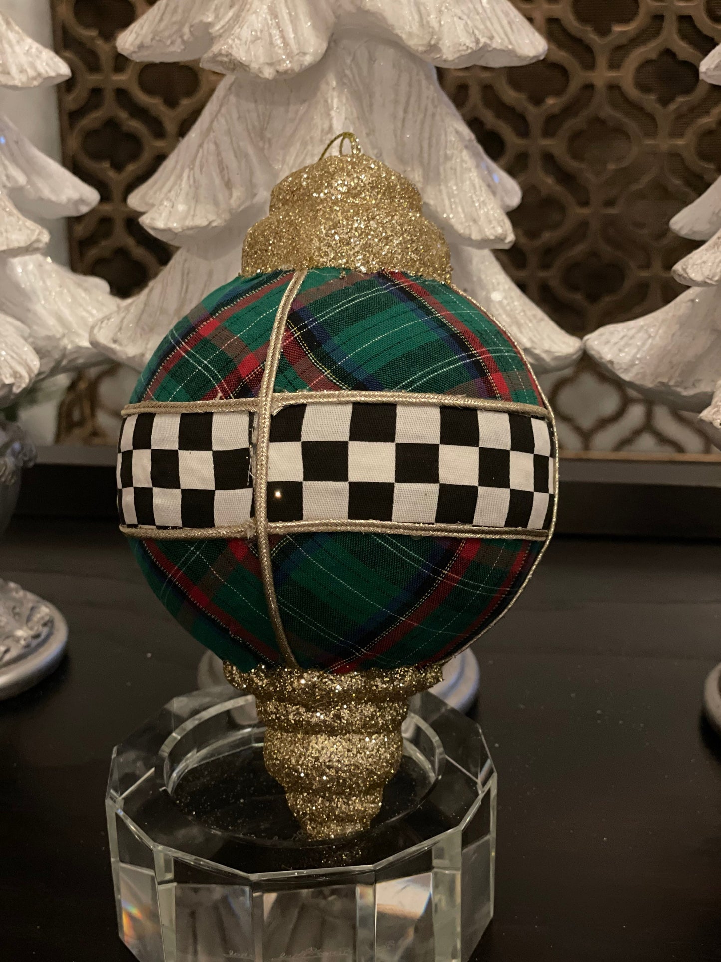8” Plaid check finial Glitter Ornament. Green, white, black and gold.
