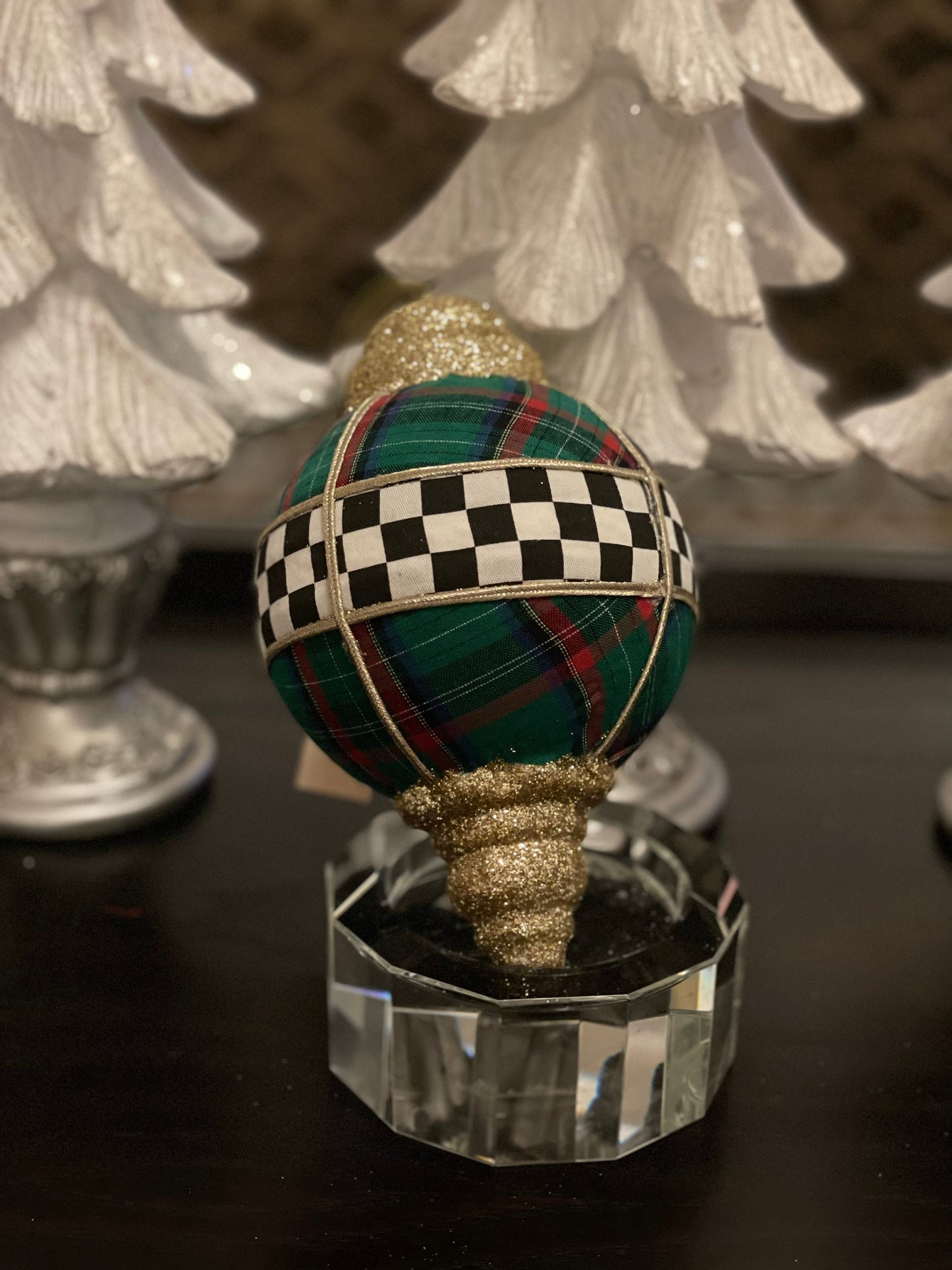 8” Plaid check finial Glitter Ornament. Green, white, black and gold.