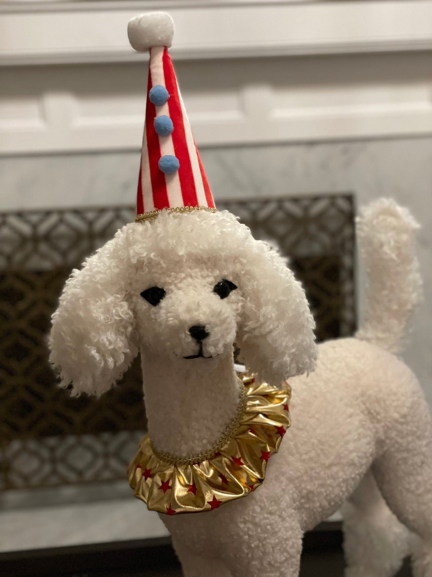31 h x 22 w inch Circus dog poodle ornament/tabletop. Lace and party hat embellishments. Circus. Christmas. Animal party.