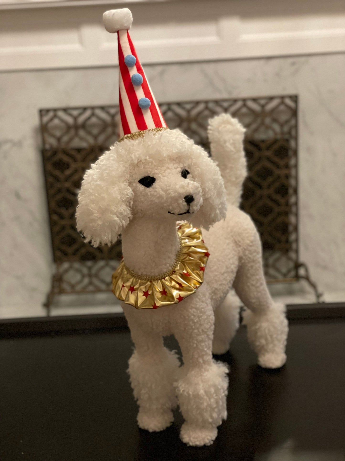 31 h x 22 w inch Circus dog poodle ornament/tabletop. Lace and party hat embellishments. Circus. Christmas. Animal party.