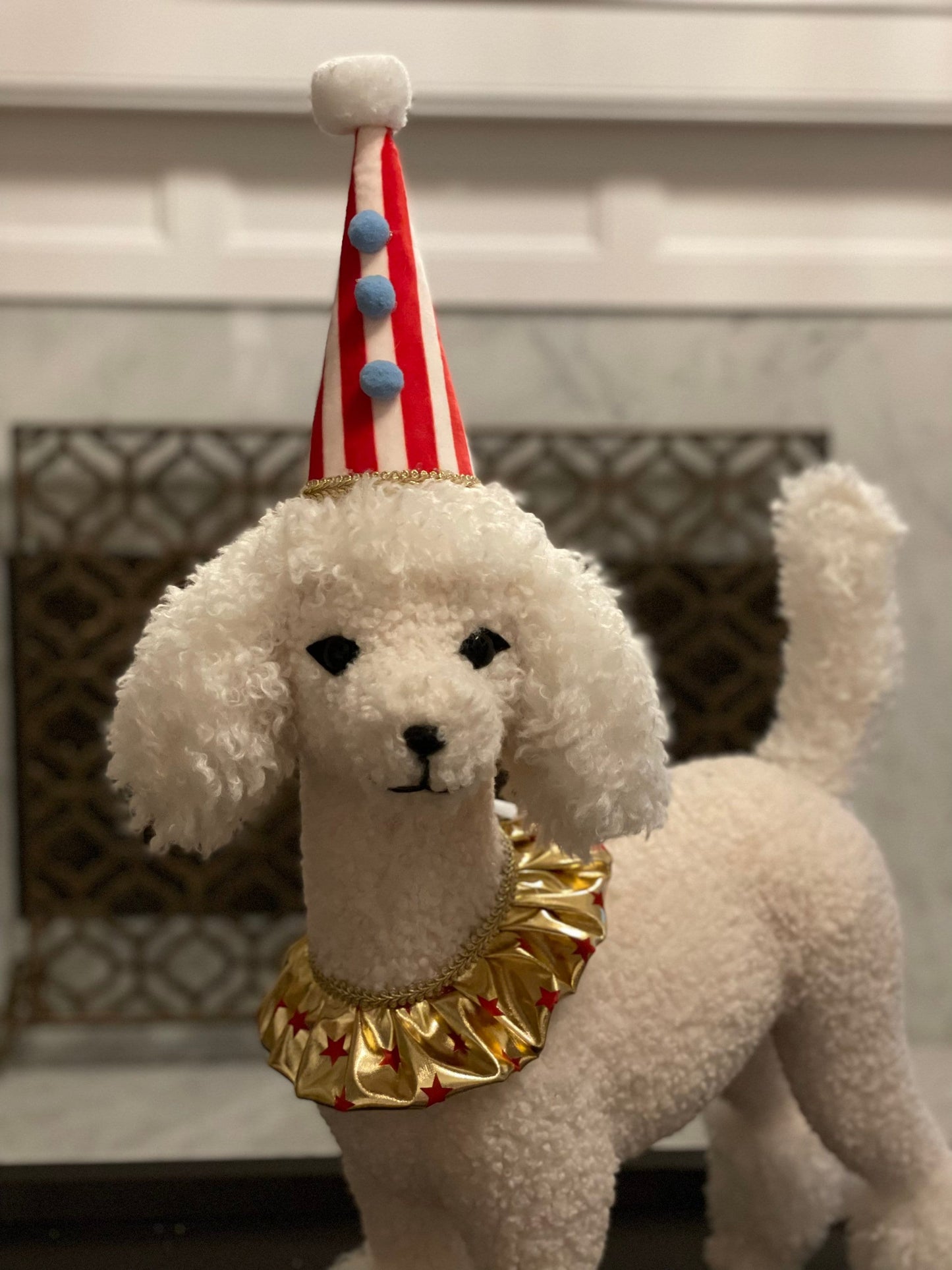 31 h x 22 w inch Circus dog poodle ornament/tabletop. Lace and party hat embellishments. Circus. Christmas. Animal party.
