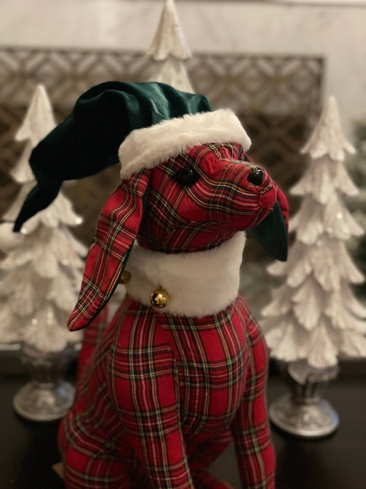20” x 16” plaid checked dog with Santa hat and jingle bells.Red, green and white.