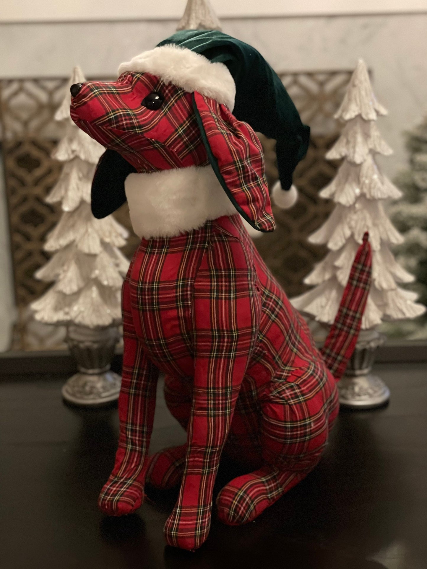 20” x 16” plaid checked dog with Santa hat and jingle bells.Red, green and white.