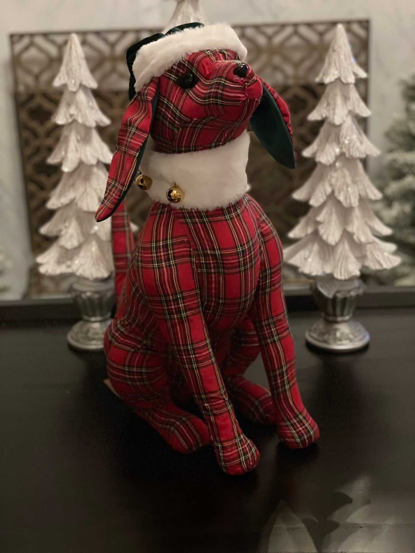 20” x 16” plaid checked dog with Santa hat and jingle bells.Red, green and white.