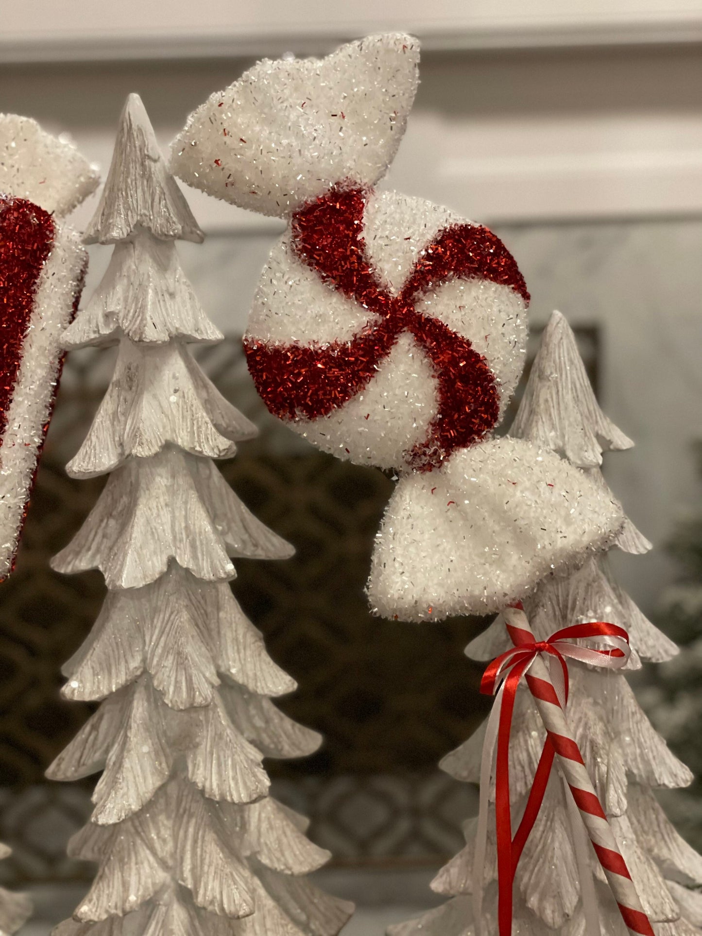 25” Glitter peppermint stick spray. Red and white. Candy size 12” x 4” and 12”X 6”. Set of 2.
