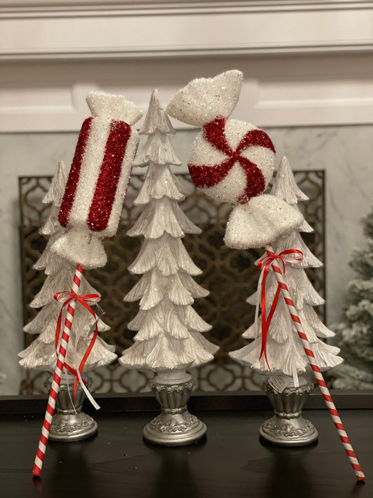25” Glitter peppermint stick spray. Red and white. Candy size 12” x 4” and 12”X 6”. Set of 2.