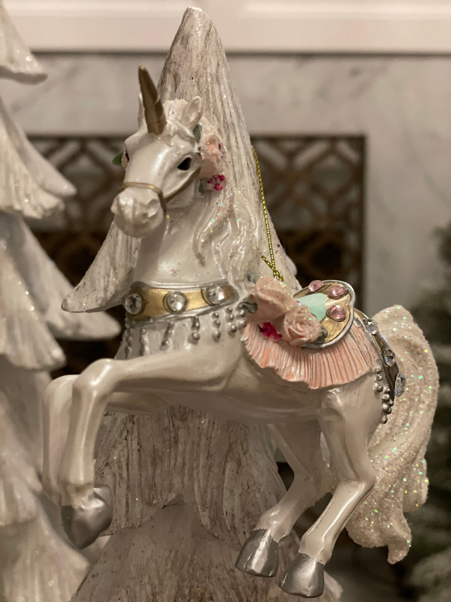 4” resin jeweled glittery fancy unicorn horse ornament. Set of 2.