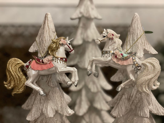 4” resin jeweled glittery fancy unicorn horse ornament. Set of 2.