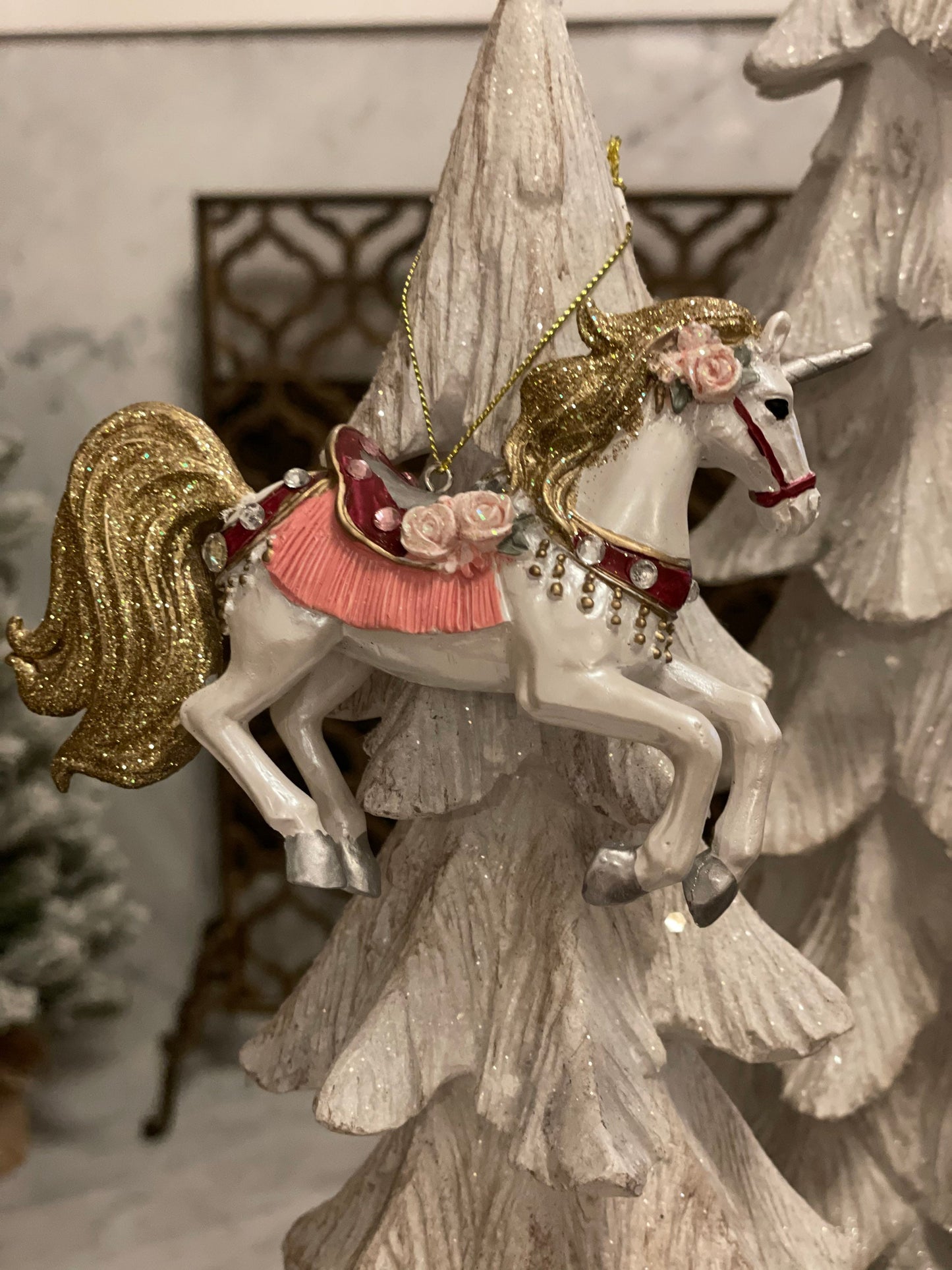 4” resin jeweled glittery fancy unicorn horse ornament. Set of 2.