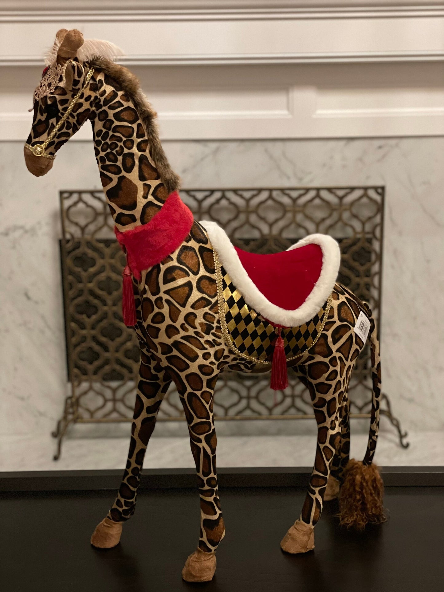 38h x 26w inch approx. Circus giraffe ornament/tabletop. Lace and jewel embellishments. Circus. Christmas. Animal party.