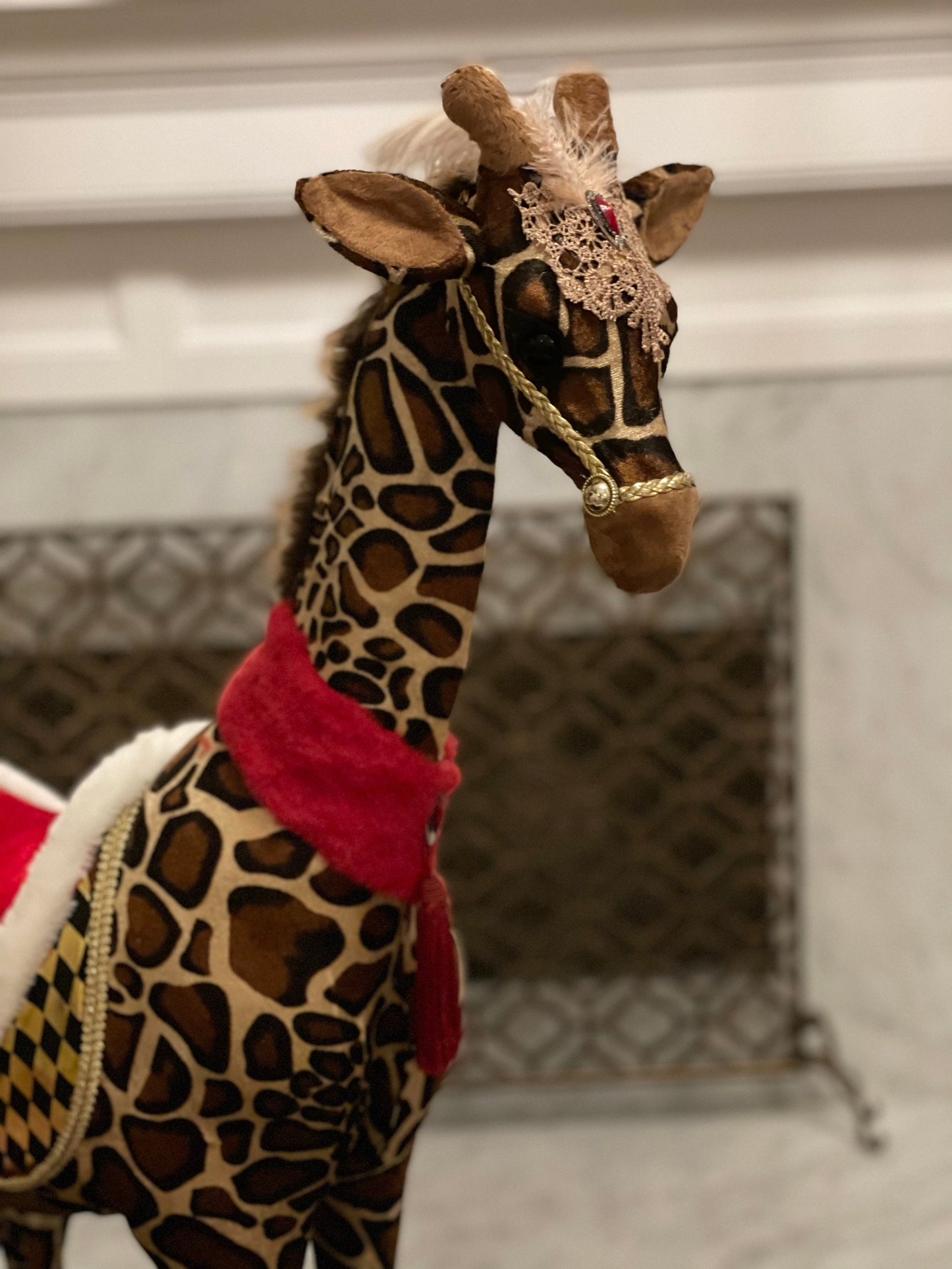 38h x 26w inch approx. Circus giraffe ornament/tabletop. Lace and jewel embellishments. Circus. Christmas. Animal party.