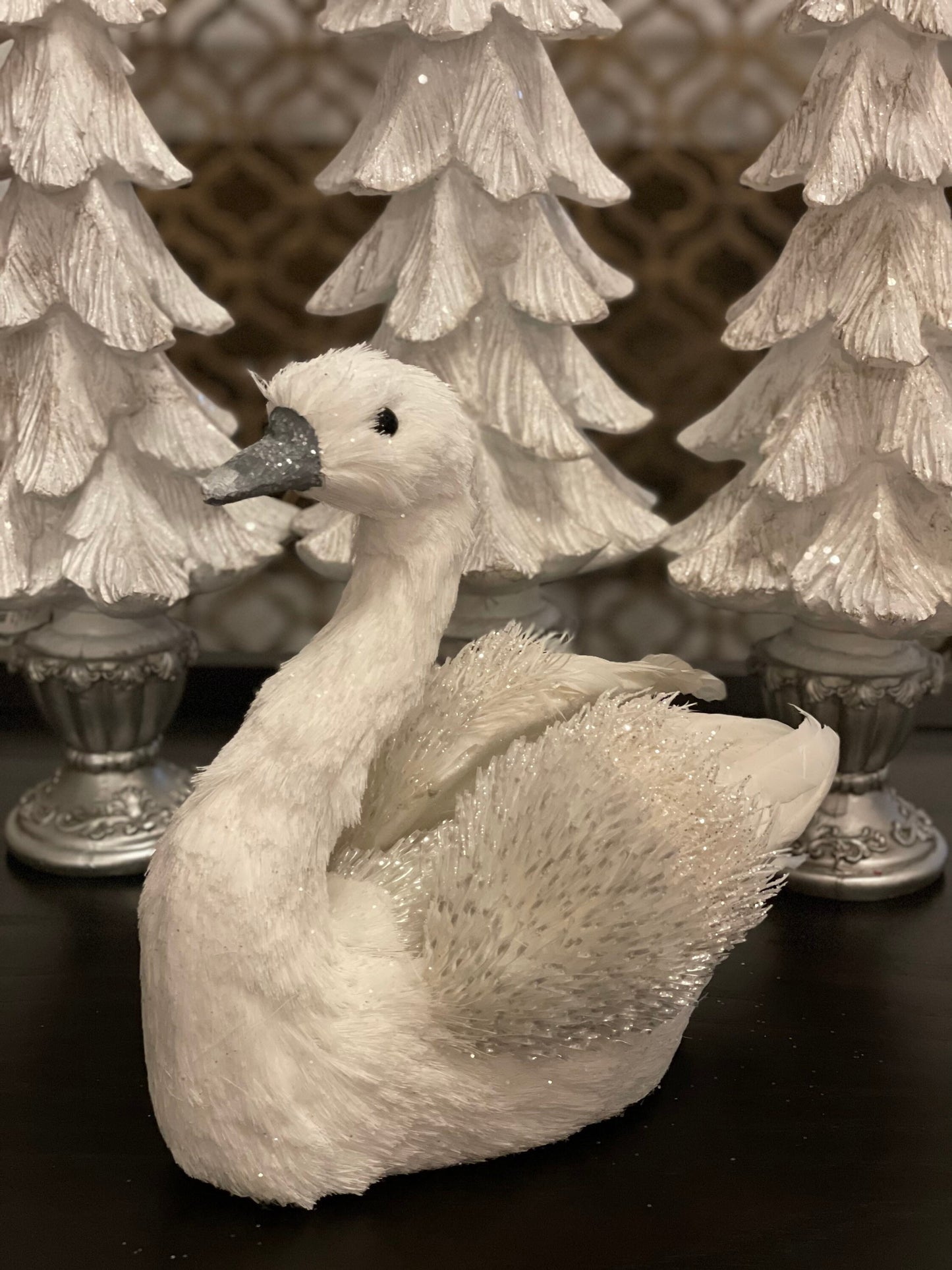 10”h x 12”w Snow fleece swan tabletop/ornament.