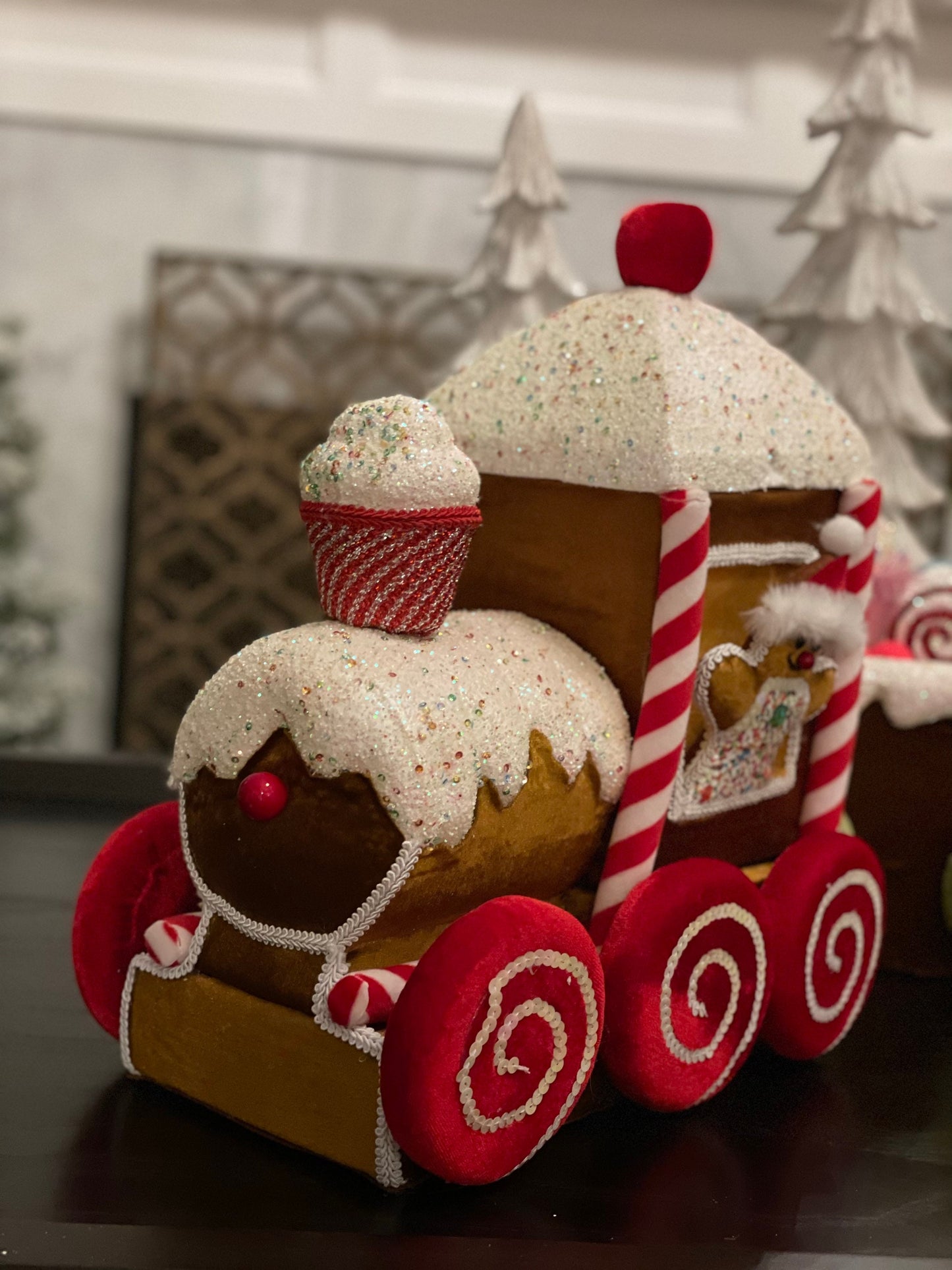 33” Velvet gingerbread candy train with cupcakes and candy.