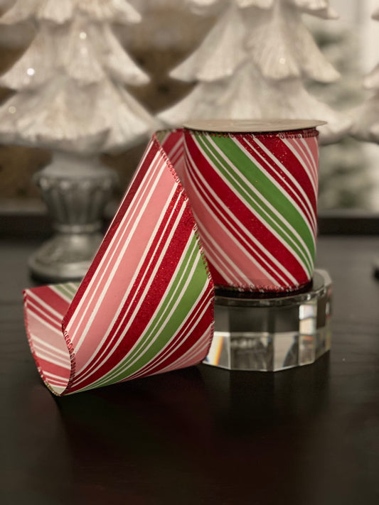 Designer satin red glitter pink green white candy cane ribbon. 4”x 10 yards. Wired.*