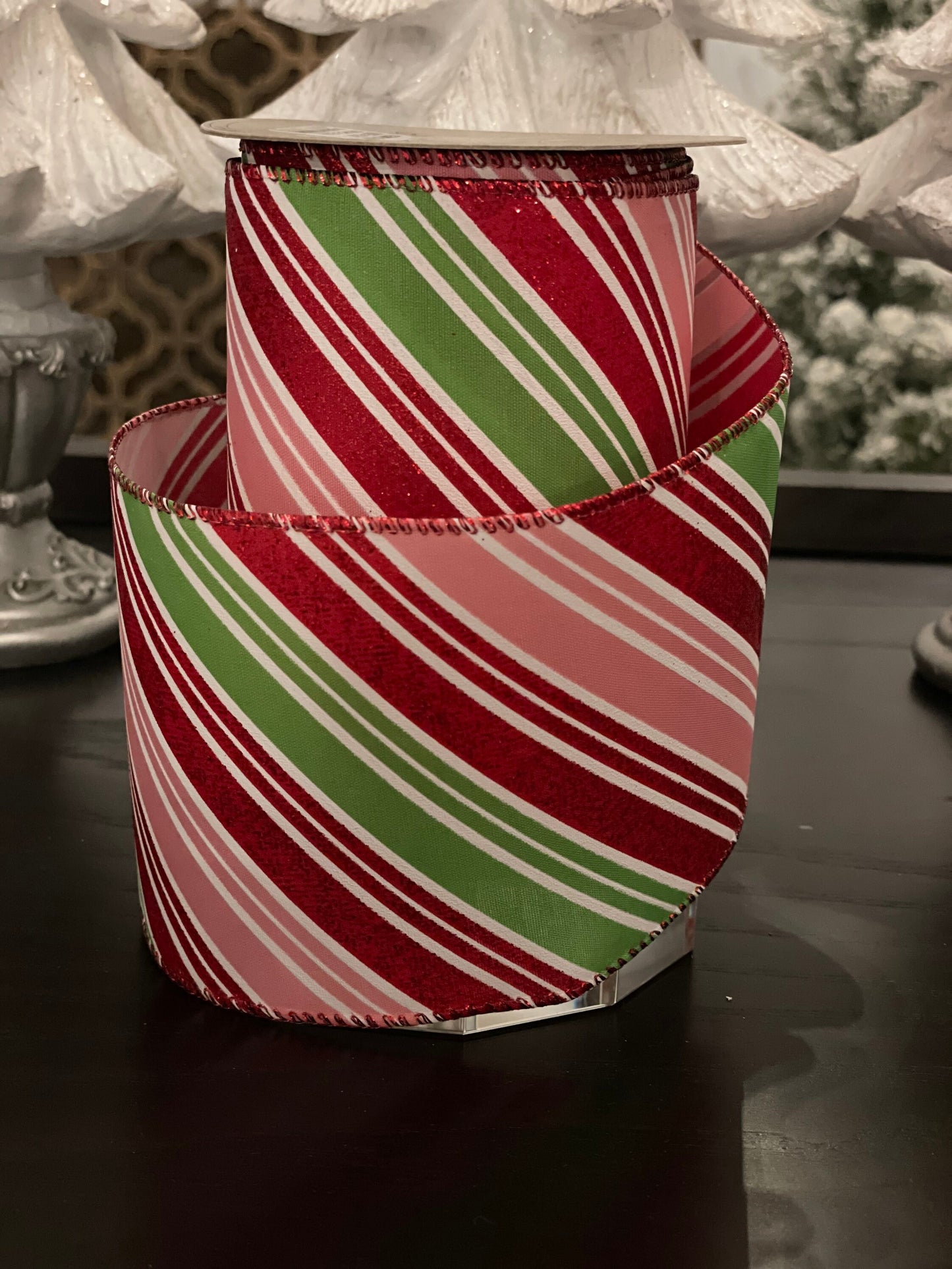 Designer satin red glitter pink green white candy cane ribbon. 4”x 10 yards. Wired.*