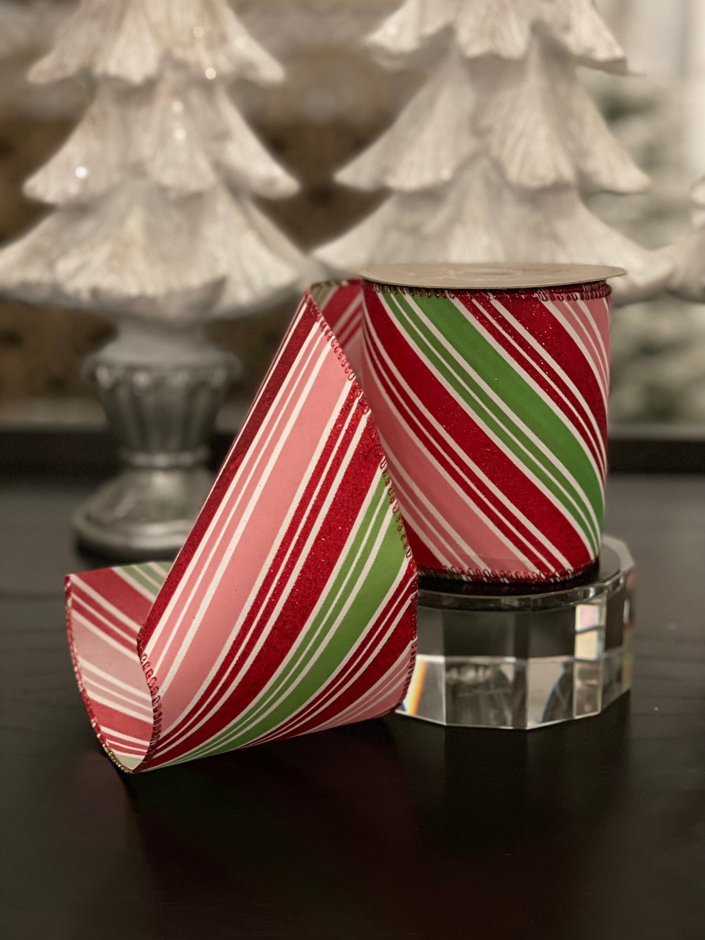 Designer satin red glitter pink green white candy cane ribbon. 4”x 10 yards. Wired.*