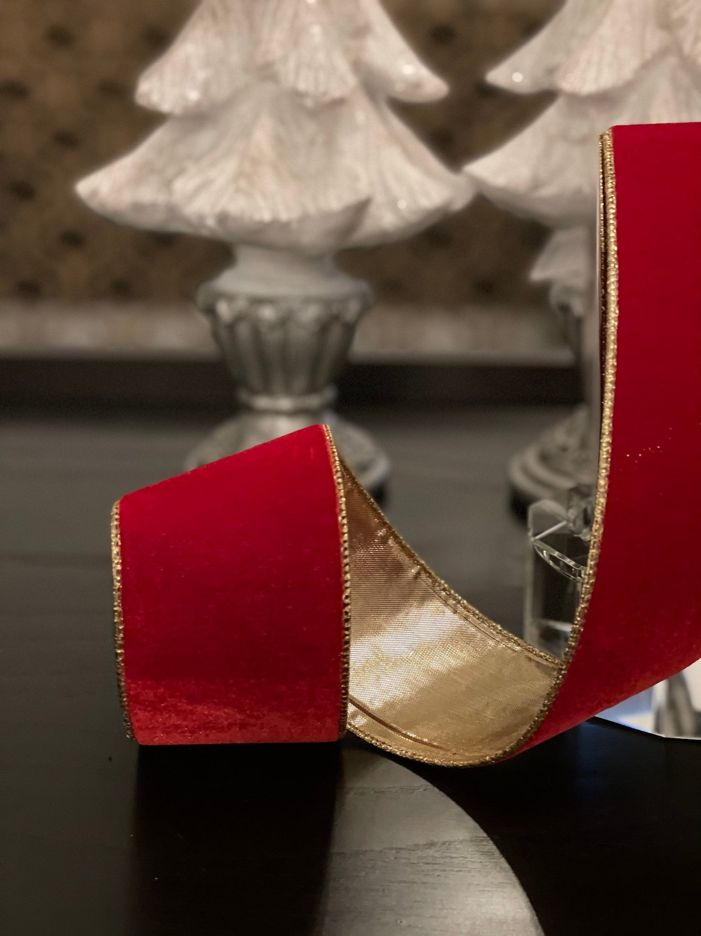 velvet red ribbon with gold back. Red and gold. 2.5”x 10 yards. Wired.
